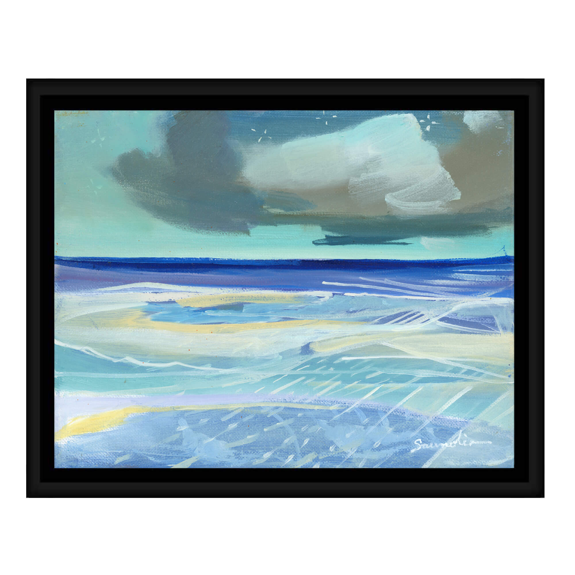 Semi-abstract blue and teal horizon and seascape by Hawaii artist Saumolia Puapuaga