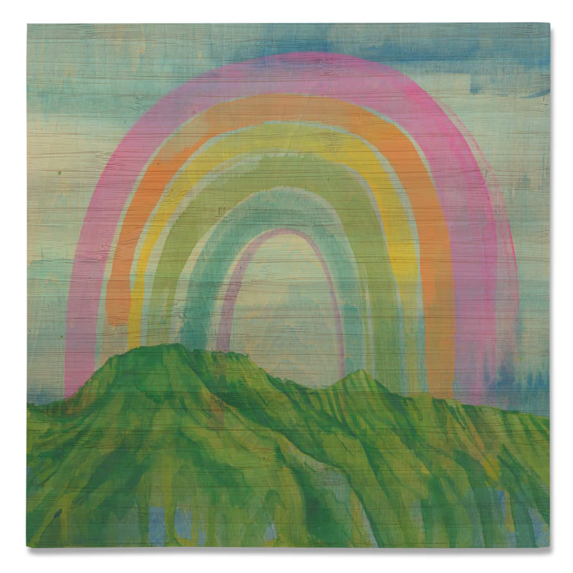 A bamboo print of a Hawaii rainbow over the Koolau mountains by Hawaii artist Lauren Roth