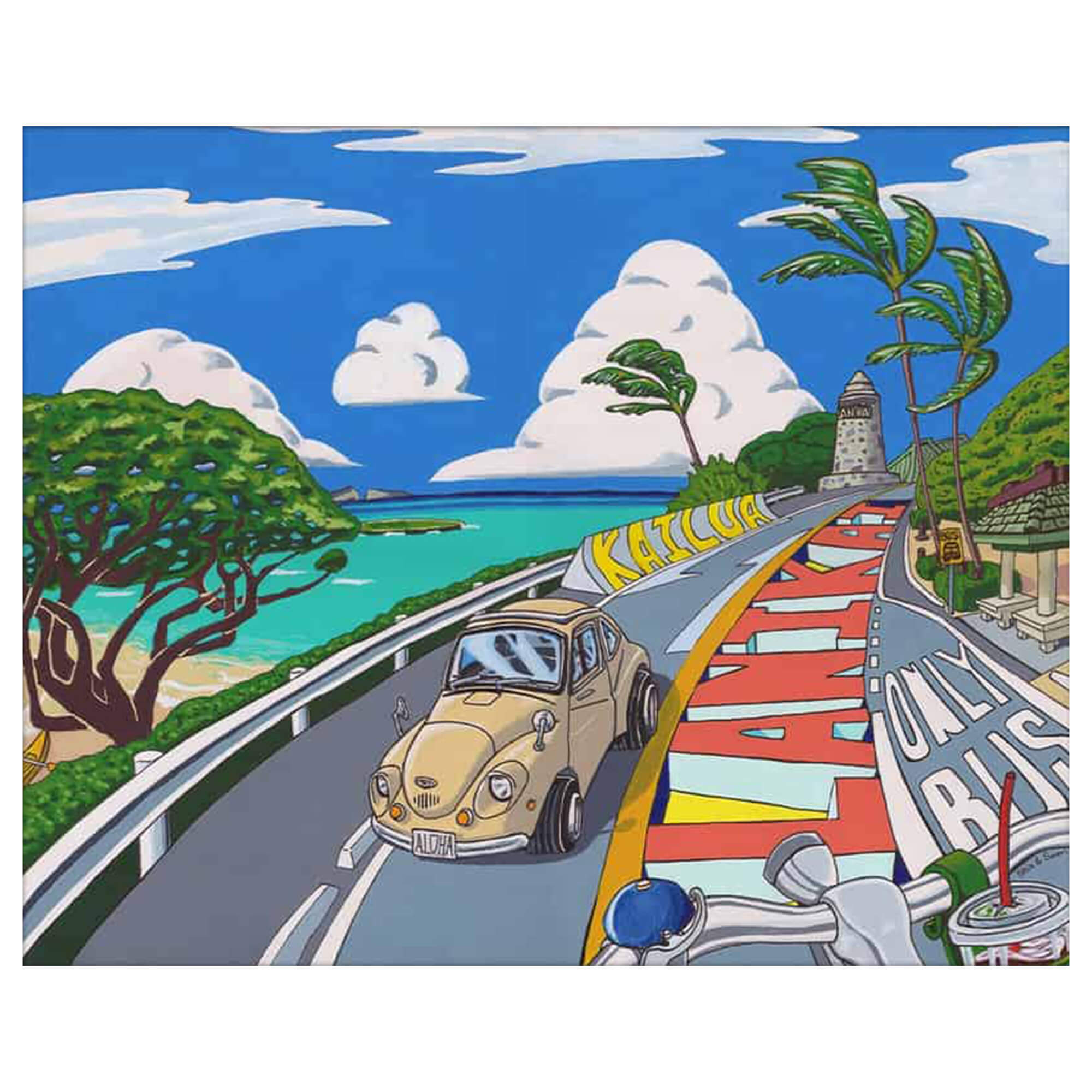 A matted art print of a cyclist's view of the infamous Lanikai Beach in Hawaii by Hawaii artist Shin Kato