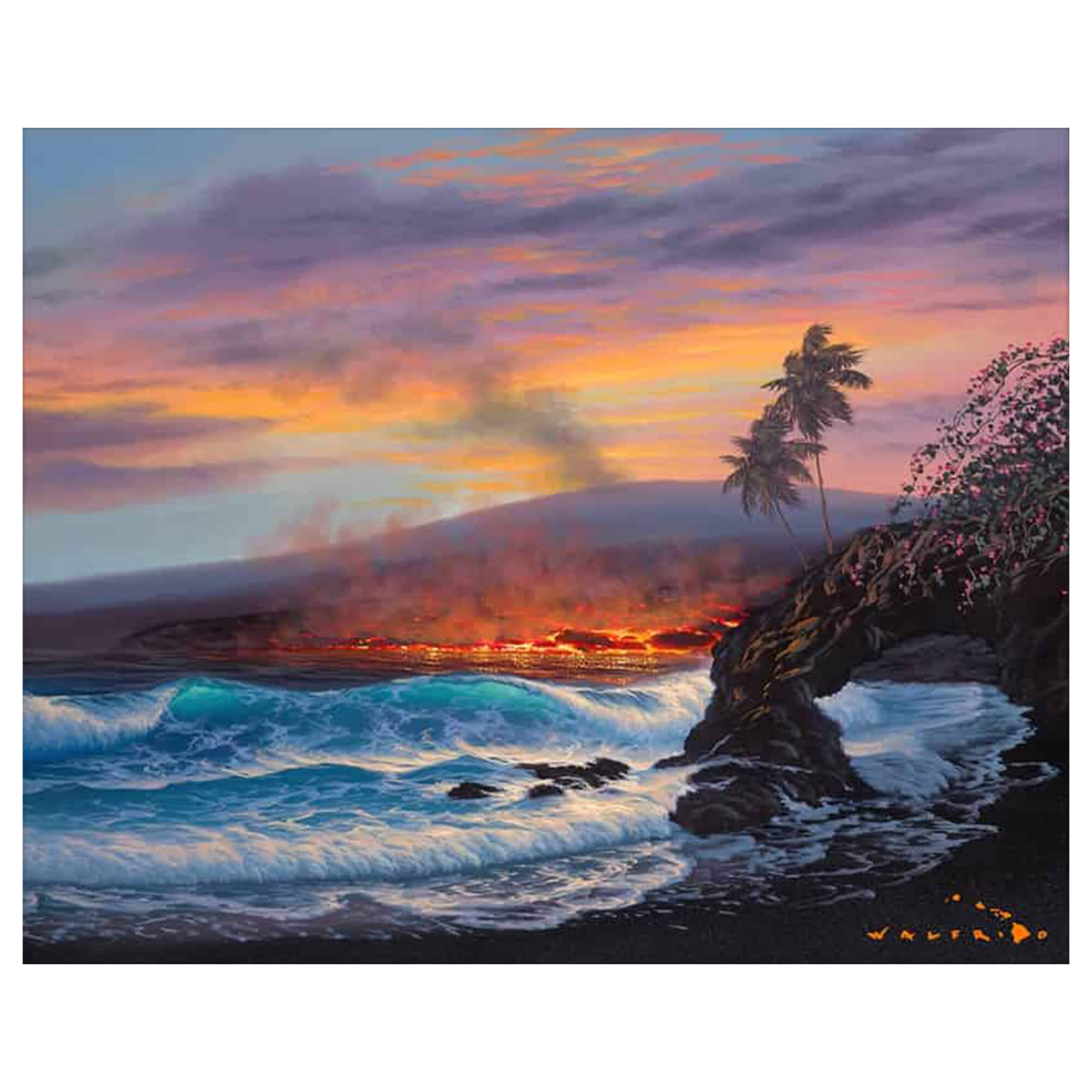 Matted art print of lava flowing into the ocean at sunset while sending up steam into the air by Hawaii artist Walfrido Garcia