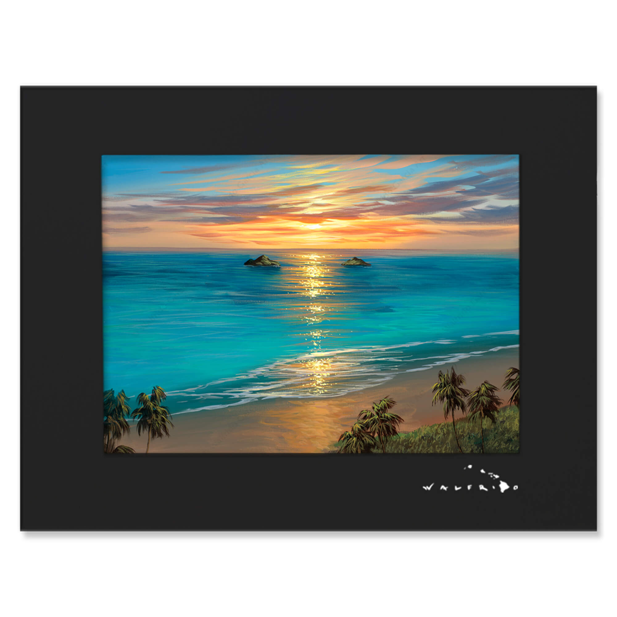 A matted art print matted art print depicting the sun rising behind the Mokolua Islands just off the coast of eastern Oahu's Lanikai Beach by Hawaii artist Walfrido Garcia