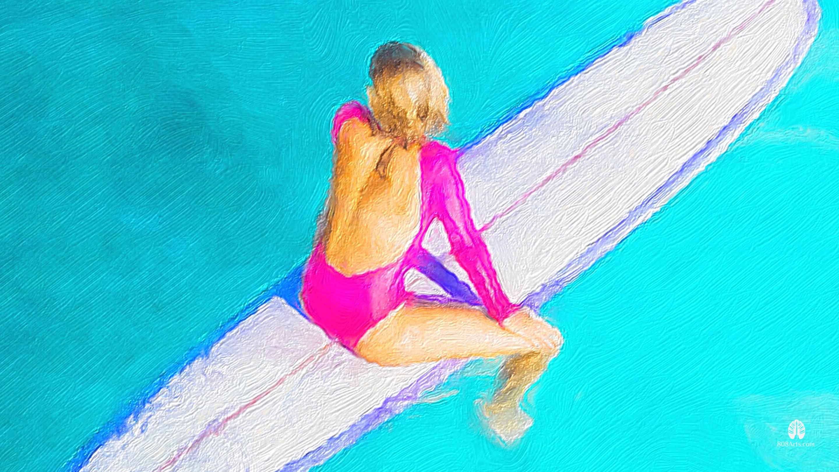 painting of woman in pink swimsuit on surfboard in hawaii ocean