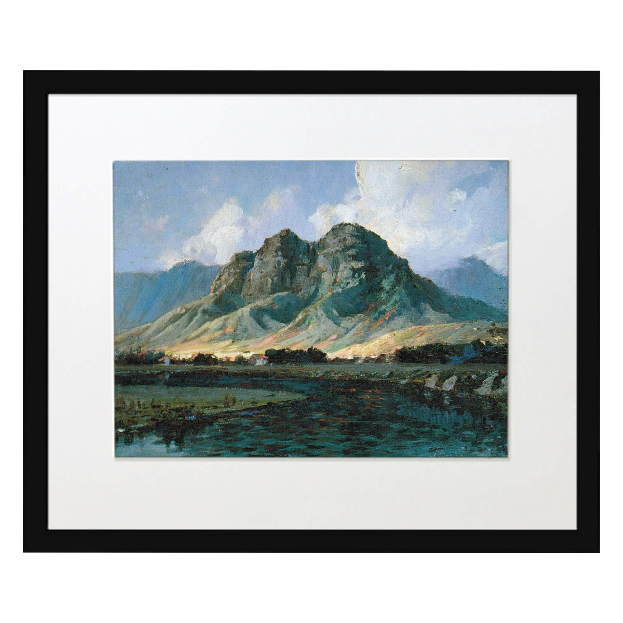 Matted art print with black frame showcasing tall mountains by hawaii artist  David Hitchcock
