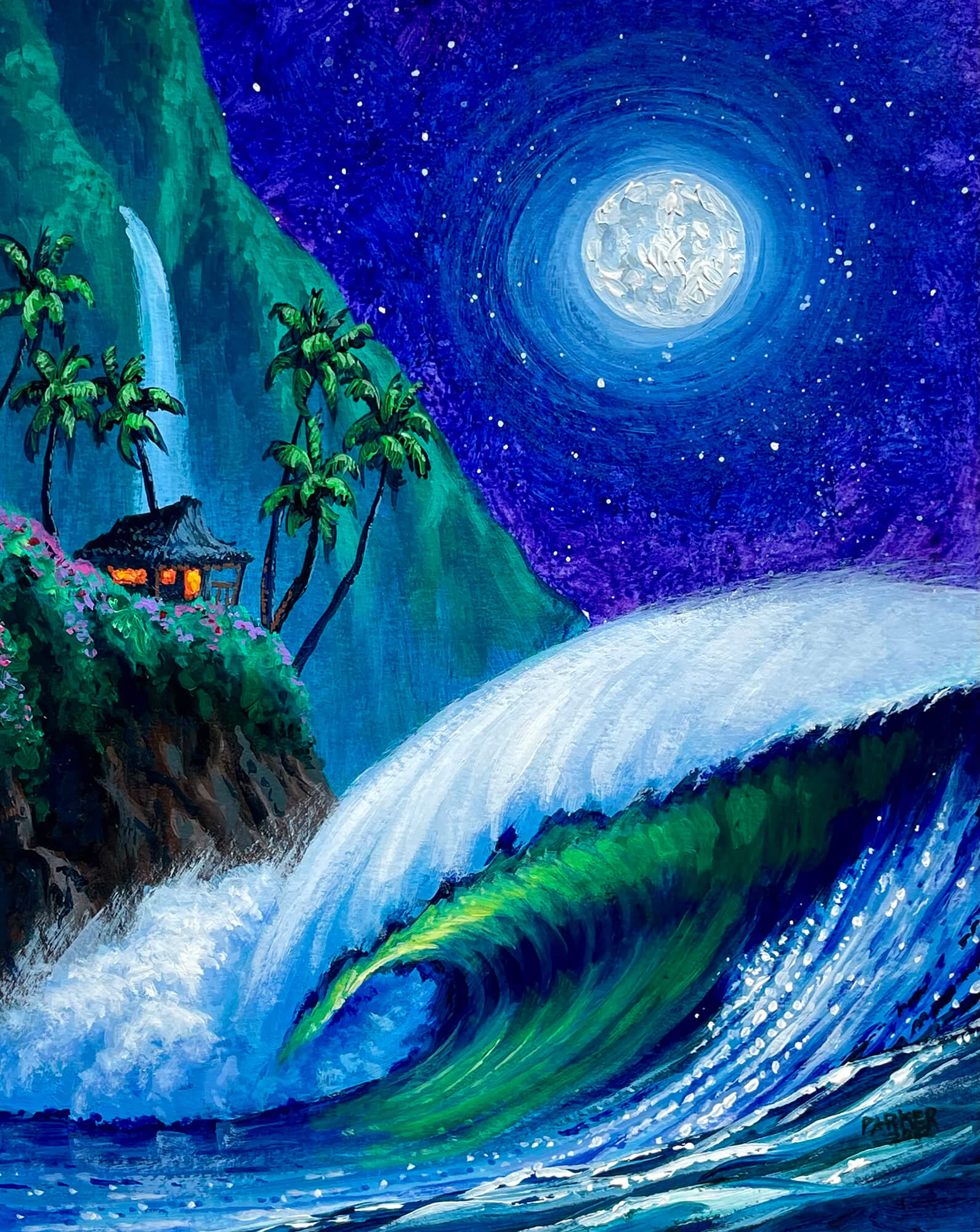 Maui artist Patrick Parker original painting of a beach cabin and waves with full moon and waterfall