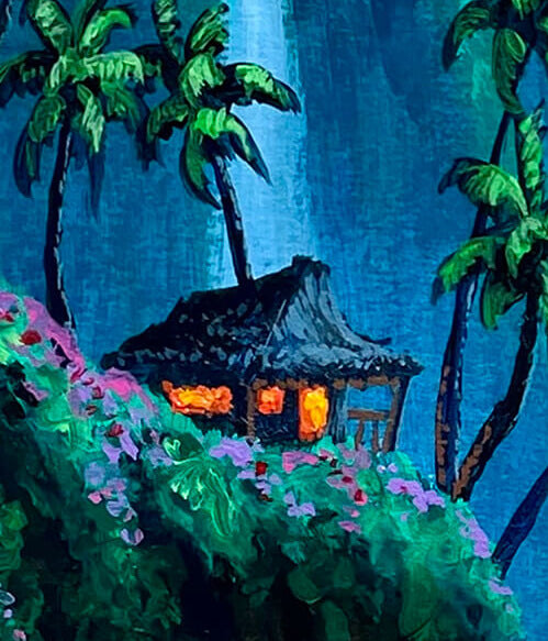 Maui artist Patrick Parker original painting of a beach cabin overlooking waves