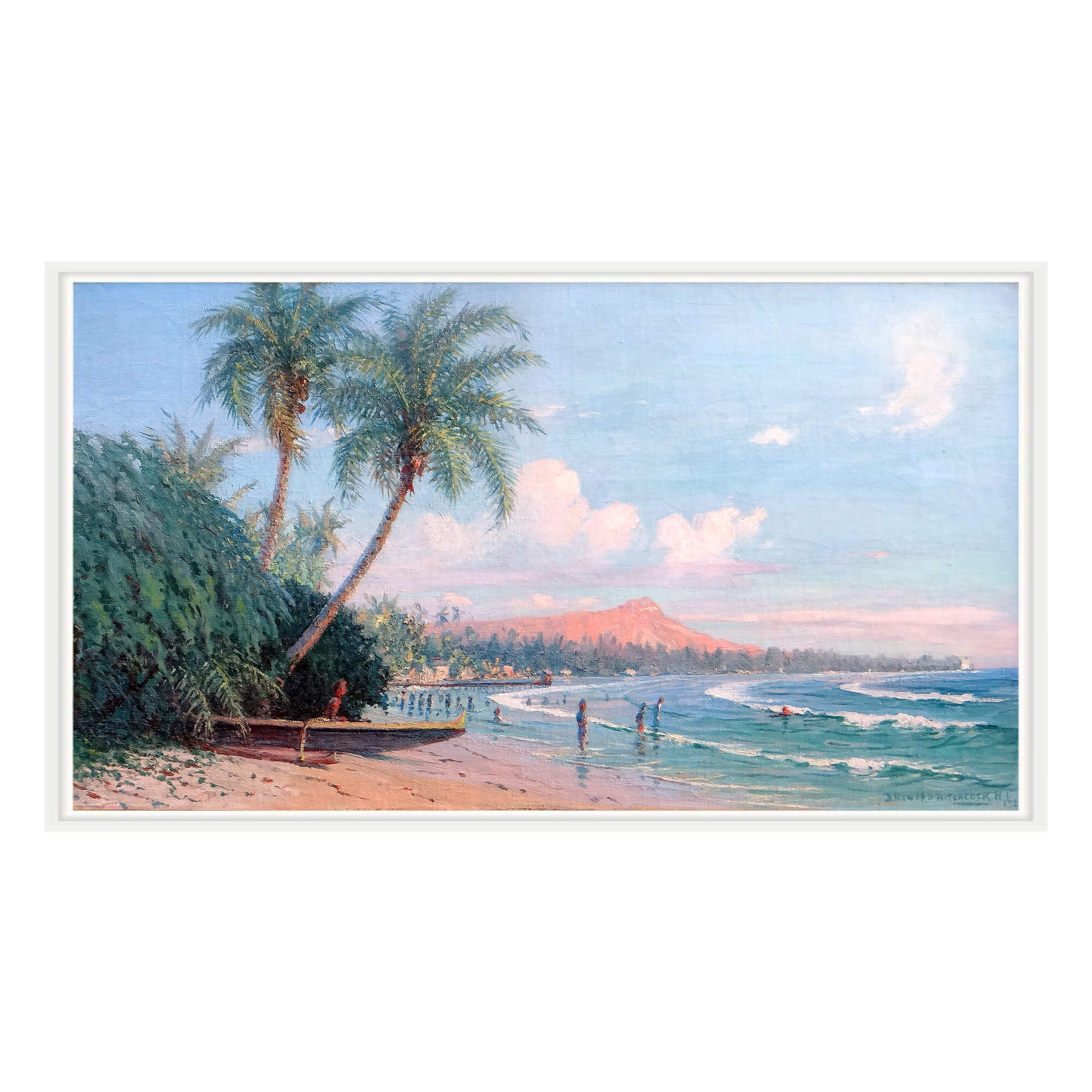 Canvas art print with white frame featuring two tall palm trees by hawaii artist  David Hitchcock