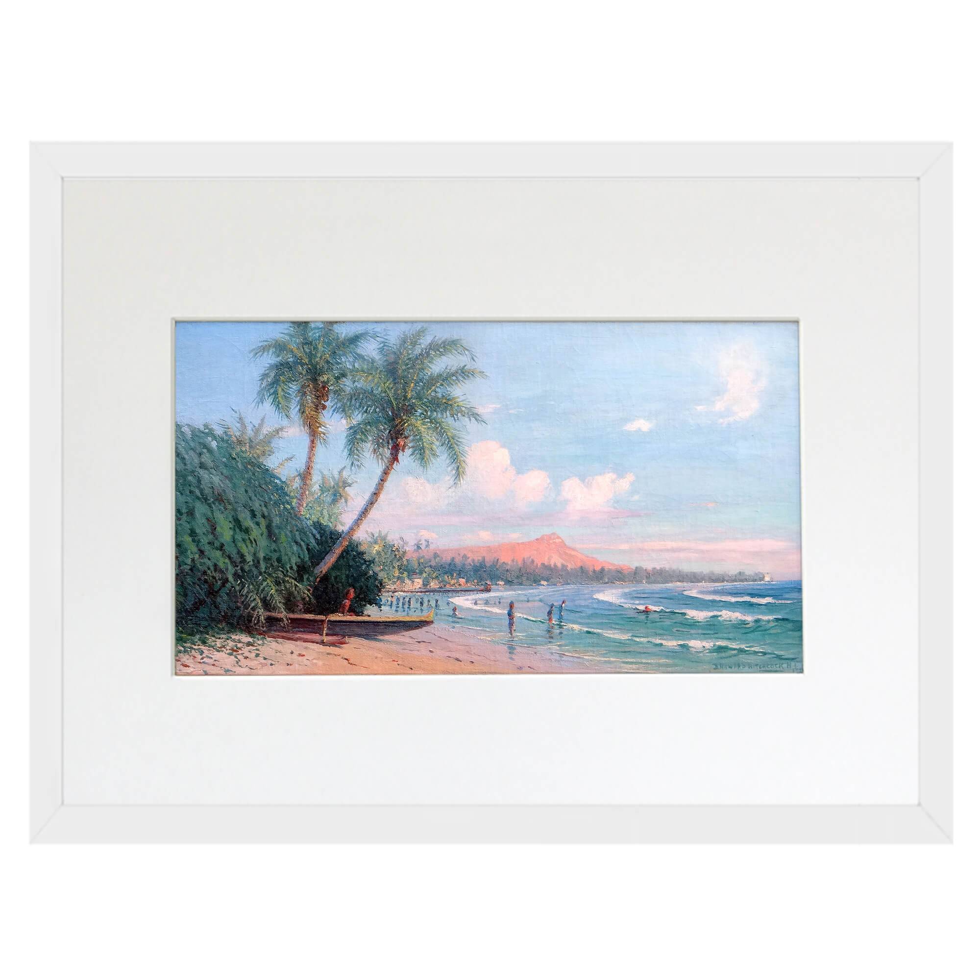Matted art print with white frame featuring a mountain beside the beach by hawaii artist  David Hitchcock