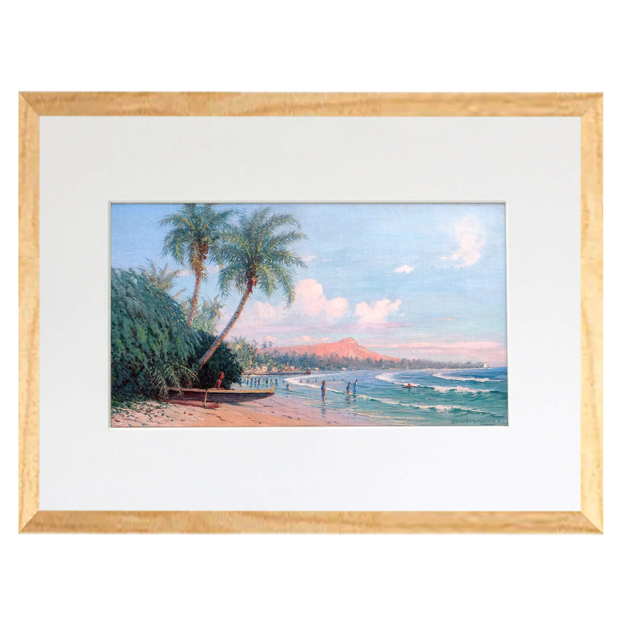 Matted art print showcasing people on the beach by hawaii artist  David Hitchcock