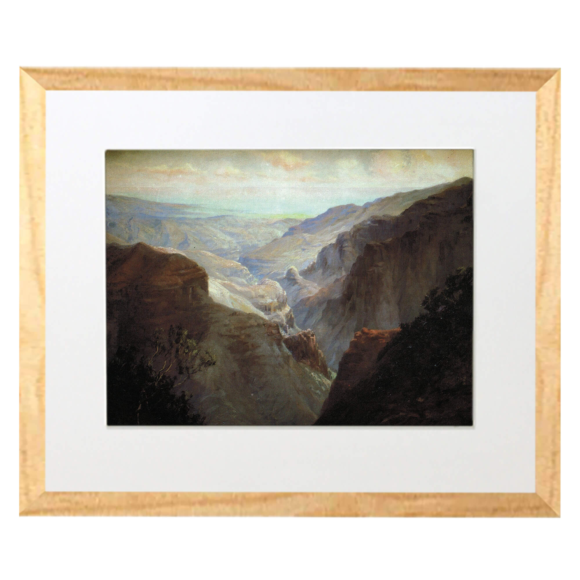 Matted art print with wood frame showcasing towering mountains by hawaii artist  David Hitchcock