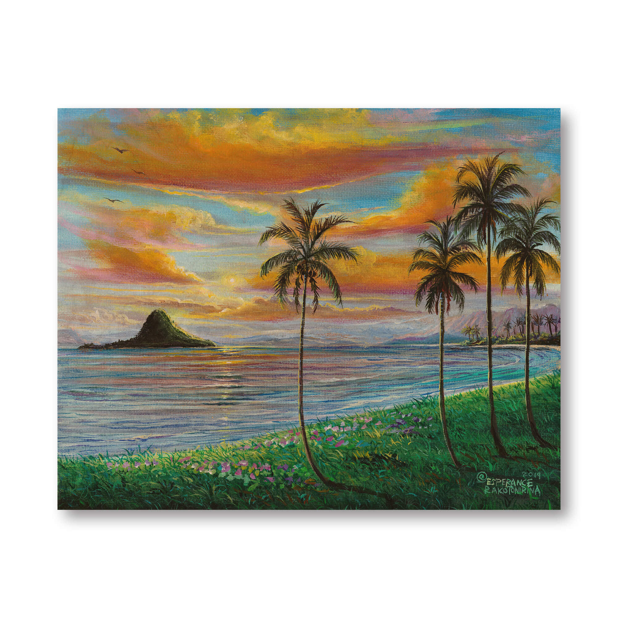 Wood print a breathtaking sunset with vibrant colors of orange, yellow, and pink reflecting on the water by hawaii artist Esperance Rakotonirina