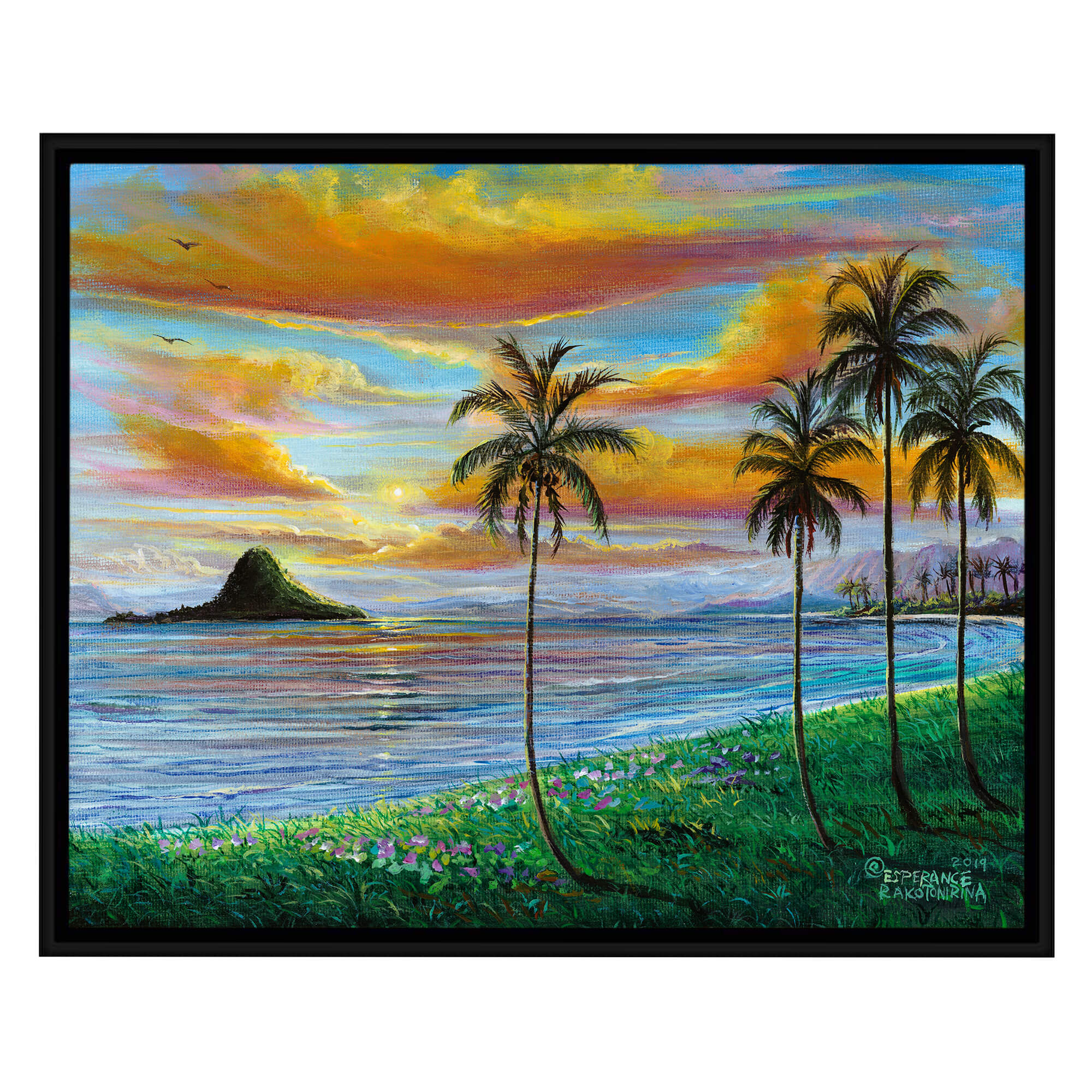 Canvas art print whit black frame illustrating orange with pink clouds  by hawaii artist Esperance Rakotonirina