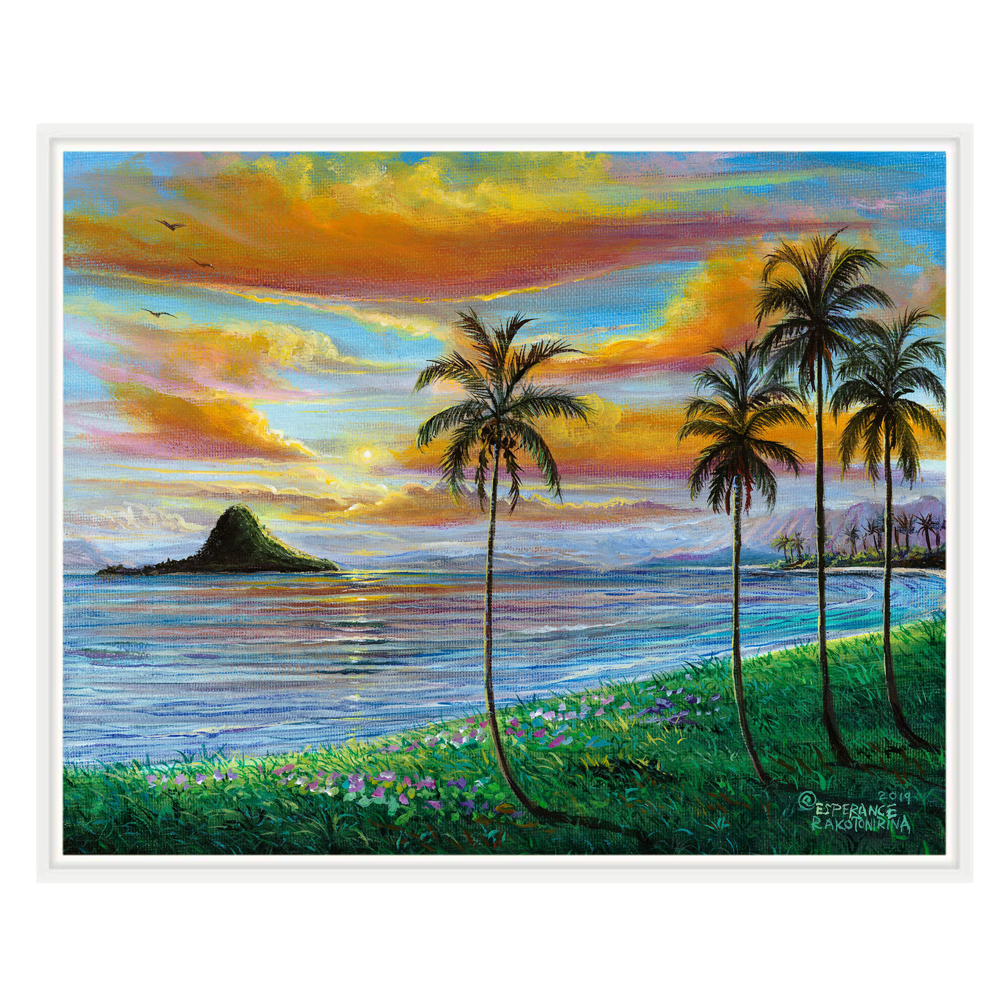 Canvas art print with white frame showcasing a mesmerizing sunset with vibrant colors reflecting on the water by hawaii artist Esperance Rakotonirina