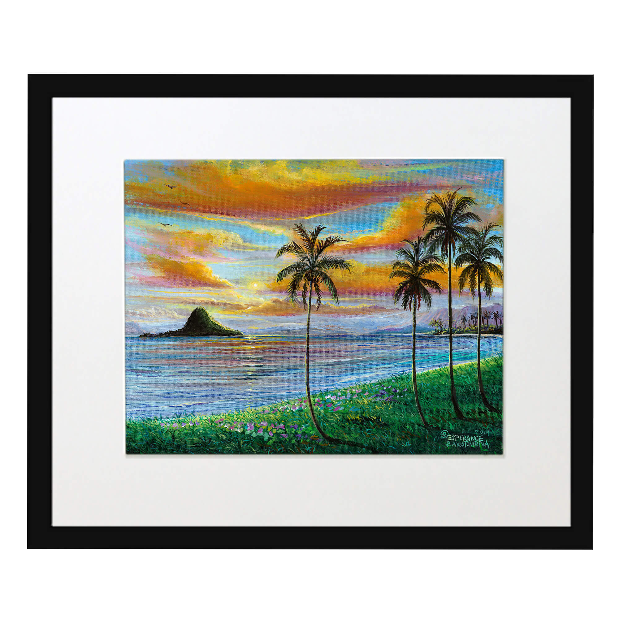 Matted art with black frame illustrating  palm trees on the island  by hawaii artist Esperance Rakotonirina