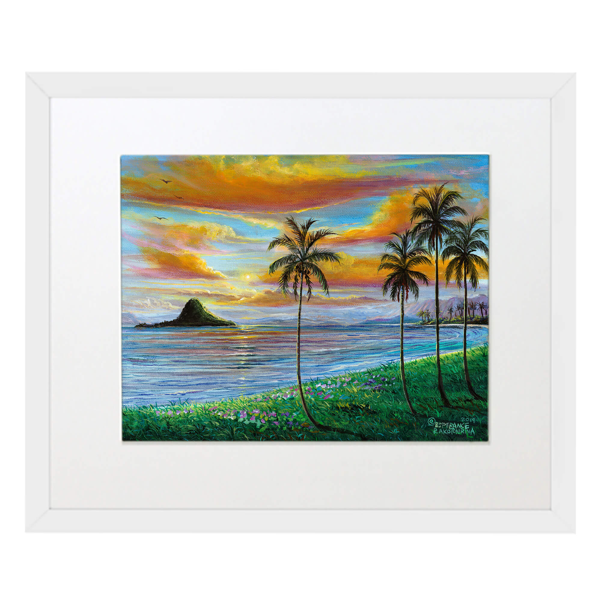 Matted art print with white frame showcasing the vibrant colors of the sky  by hawaii artist Esperance Rakotonirina