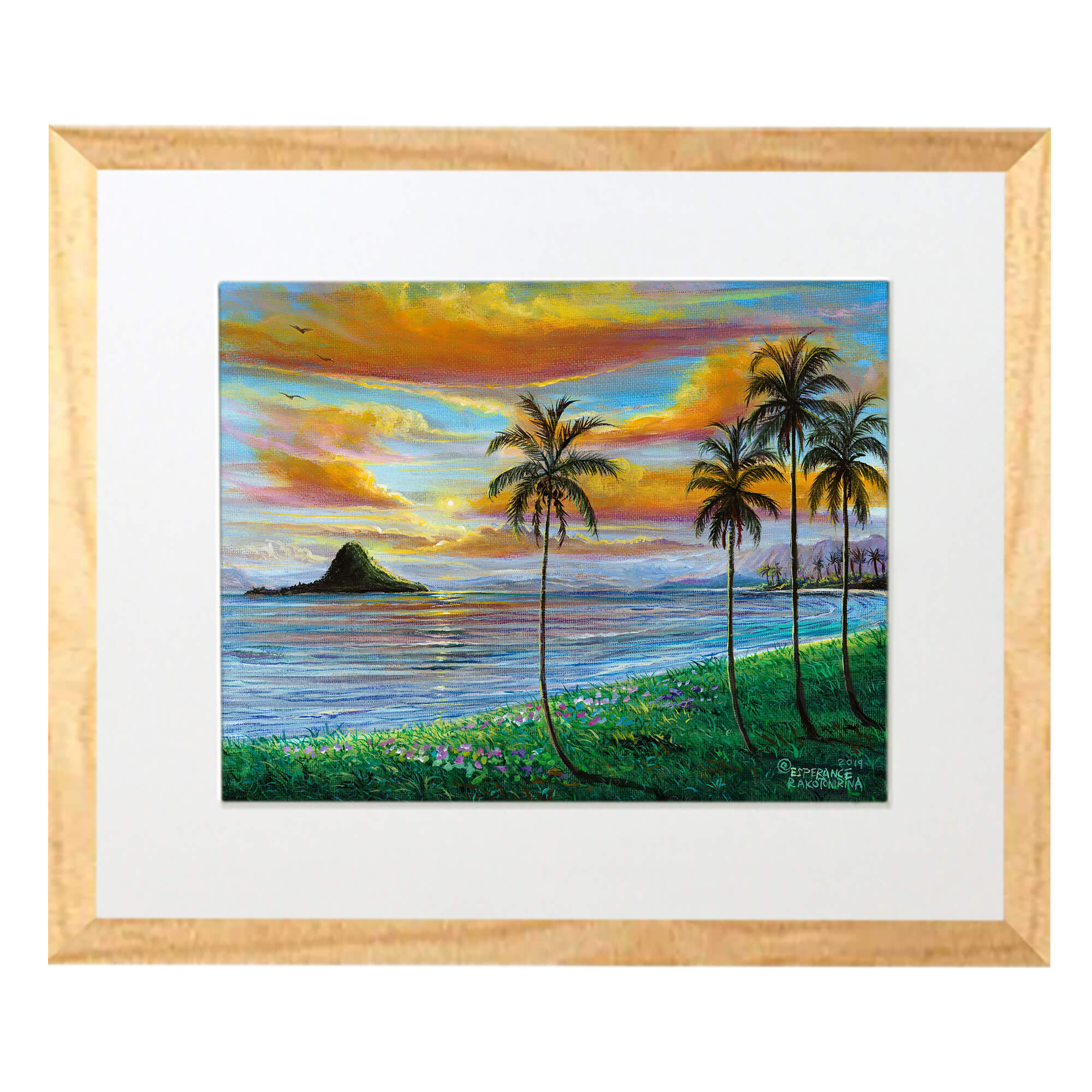 Matted art print with wood frame illustrating orange clouds  by hawaii artist Esperance Rakotonirina