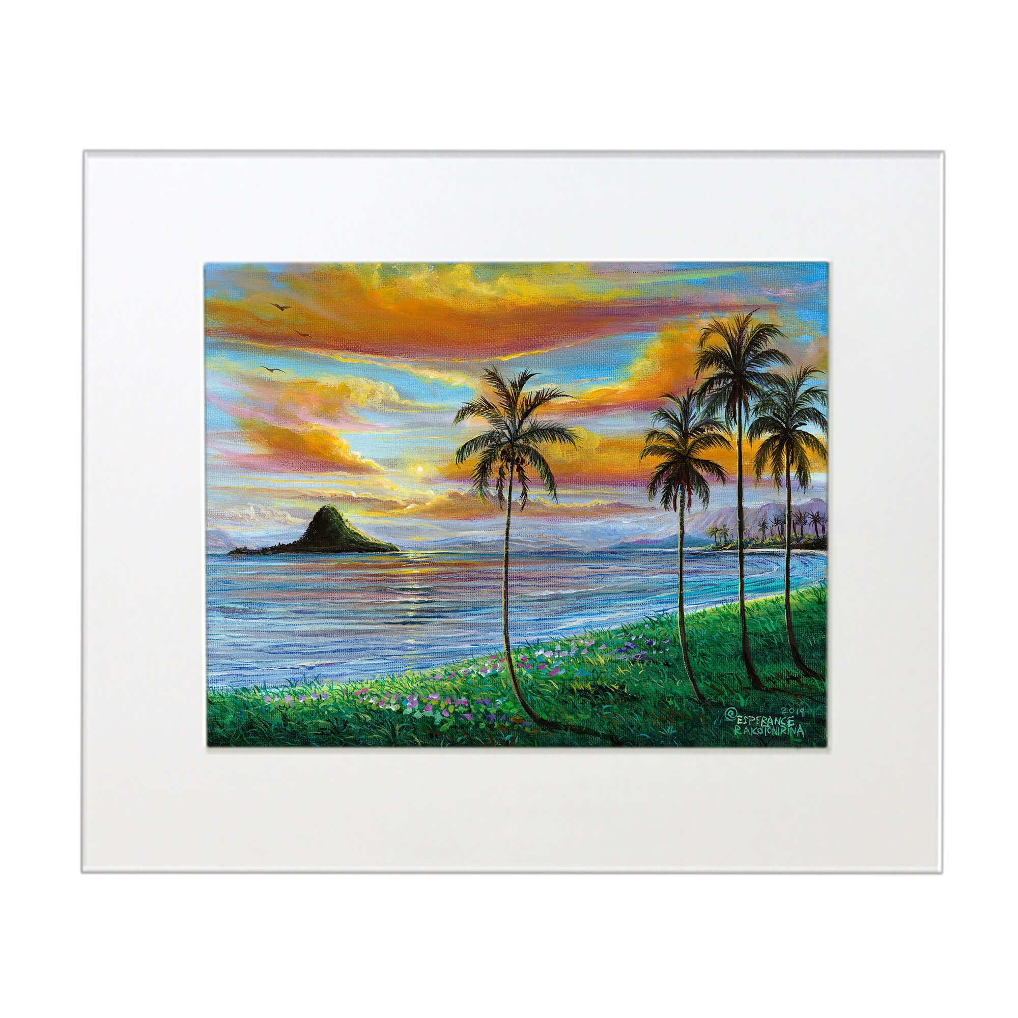 Matted art print Illustrating an island with palm trees  by hawaii artist Esperance Rakotonirina