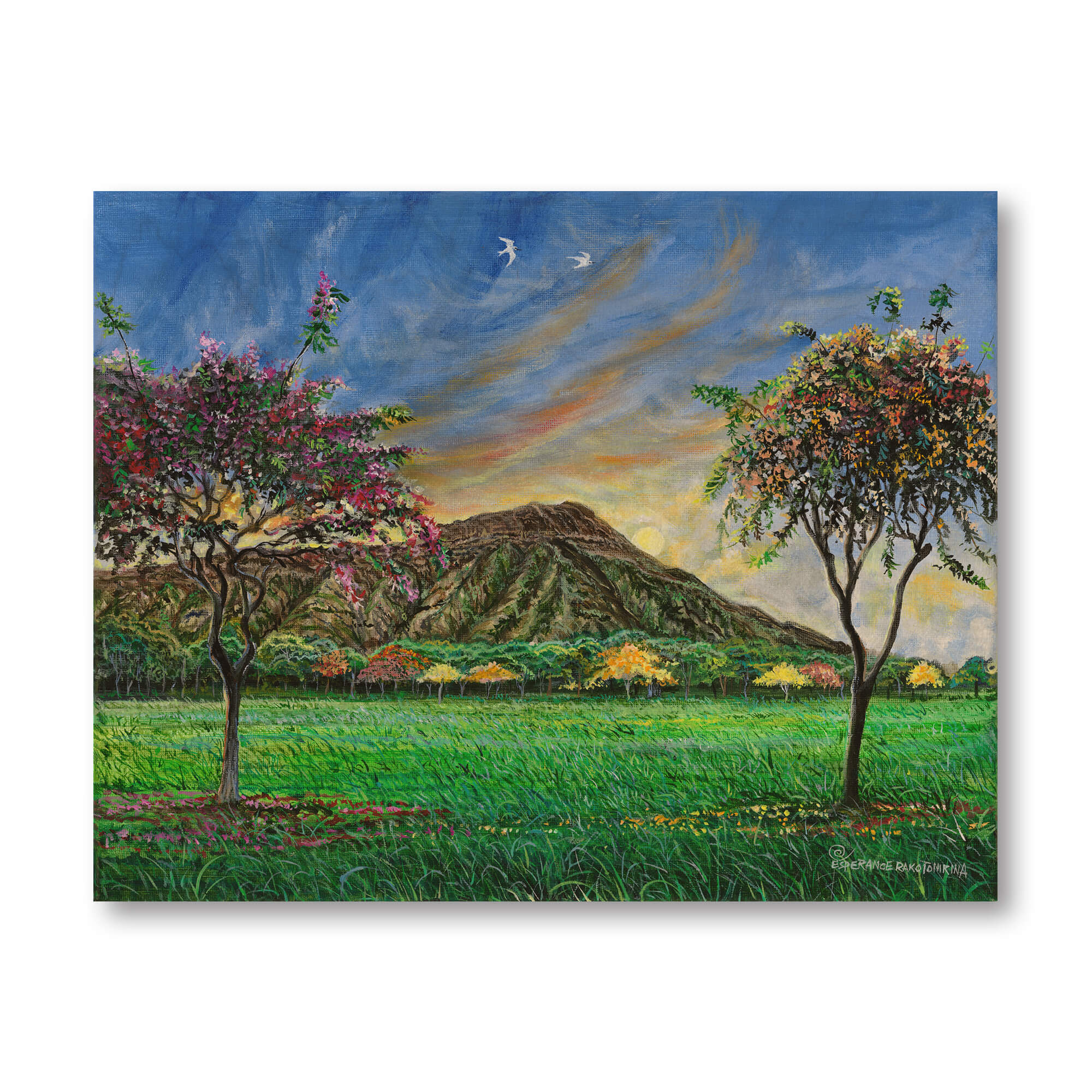 Wood art print featuring a Majestic mountain view with a forested backdrop by hawaii artist Esperance Rakotonirina