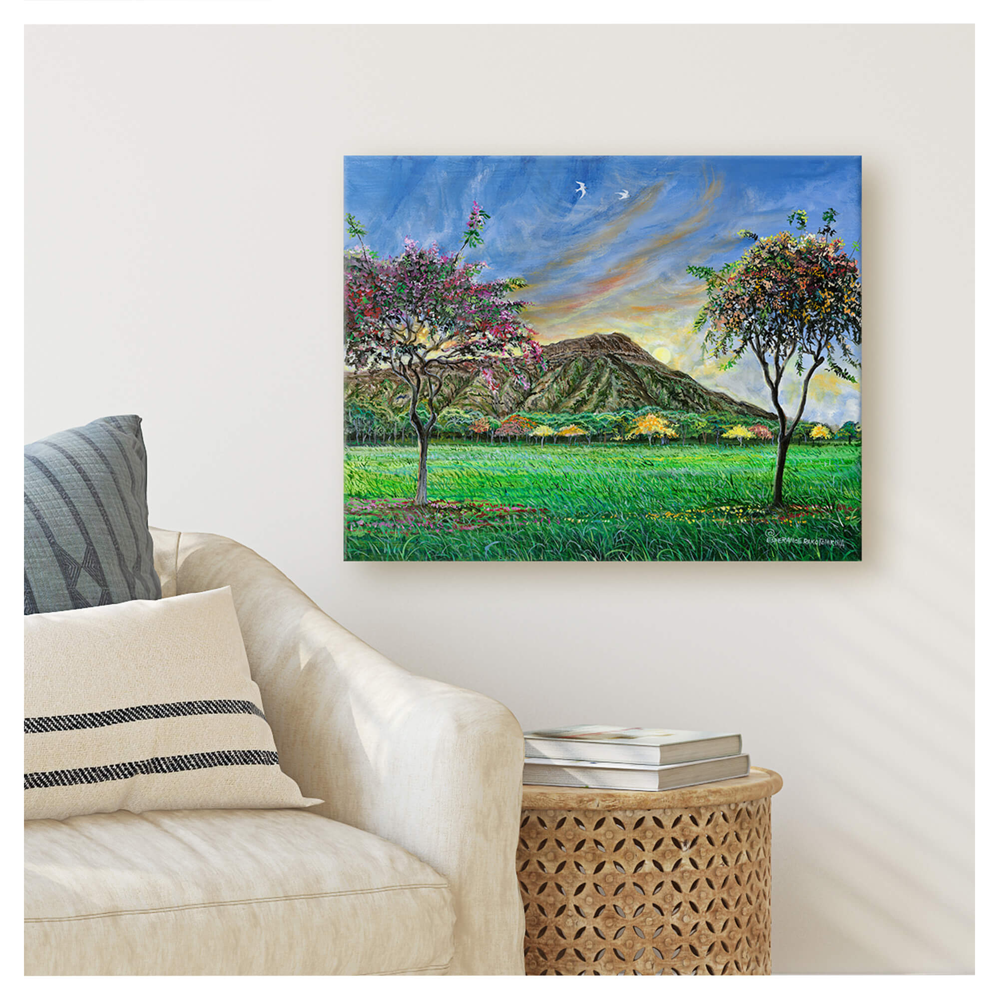 Canvas art print featuring a Sunset over mountains and trees with vibrant colors by hawaii artist Esperance Rakotonirina
