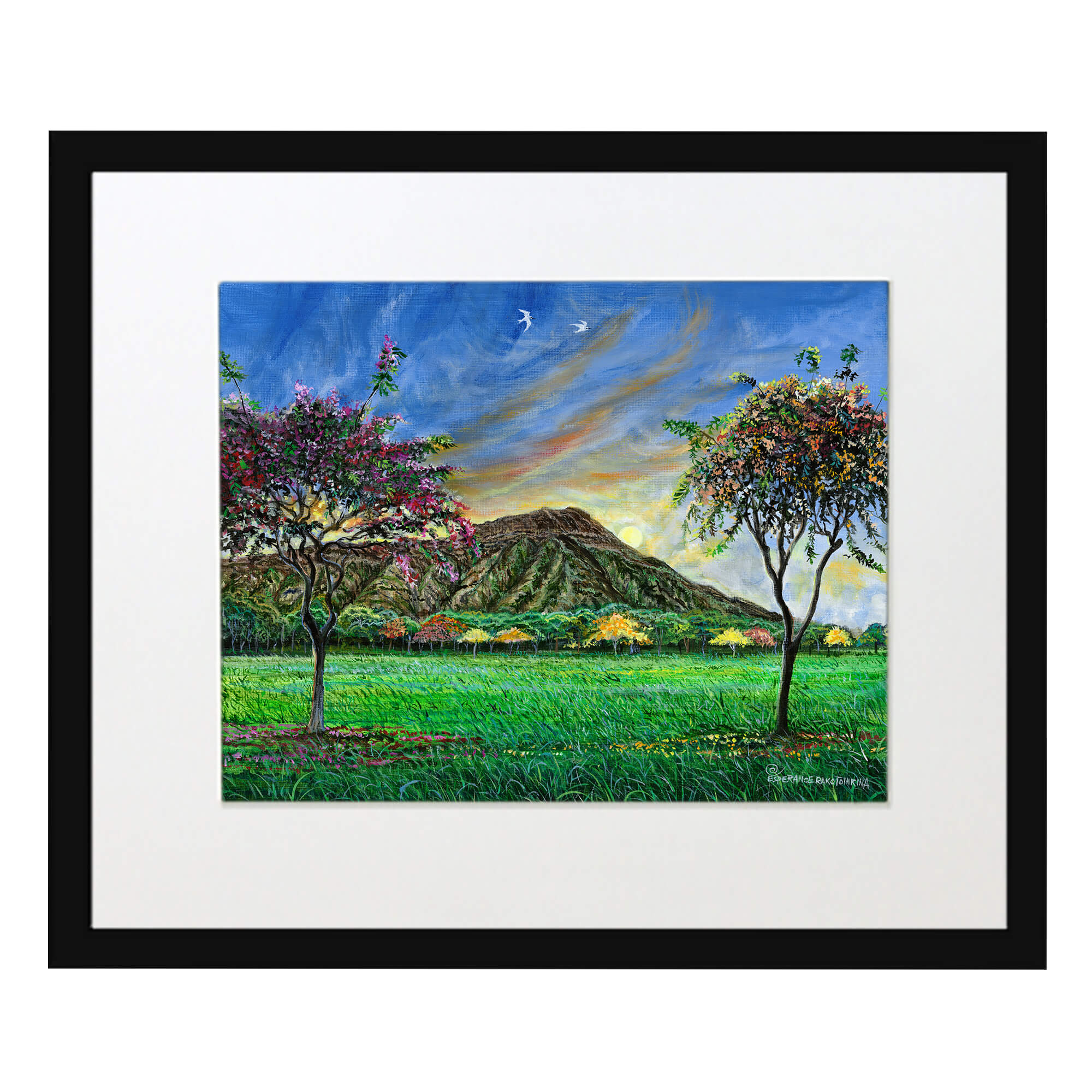 Matted art print with black frame illustrating a  Beautiful mountain scene with trees by  hawaii artist Esperance Rakotonirina