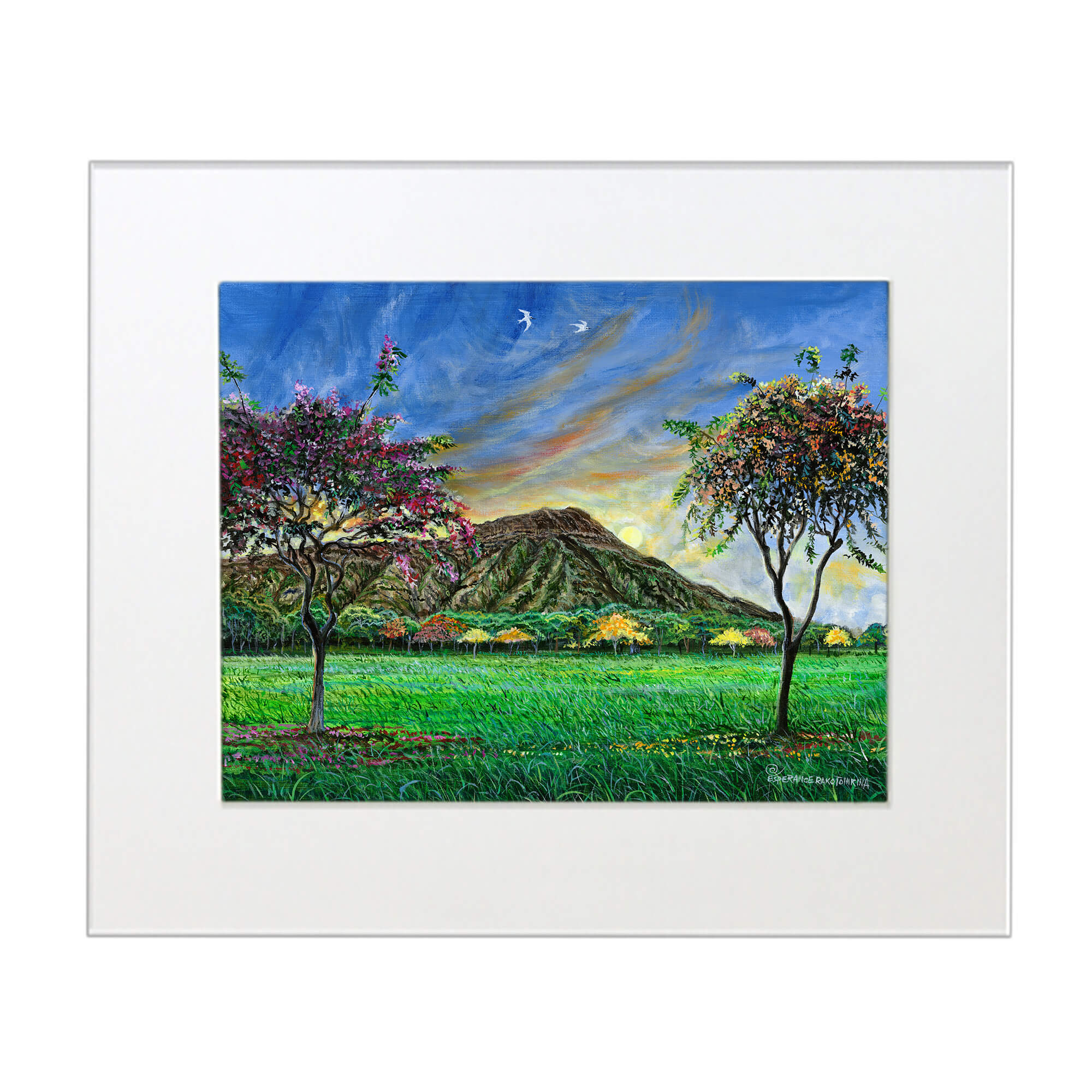 Matted art print  illustrating a Mountain landscape with trees by hawaii artist Esperance Rakotonirina