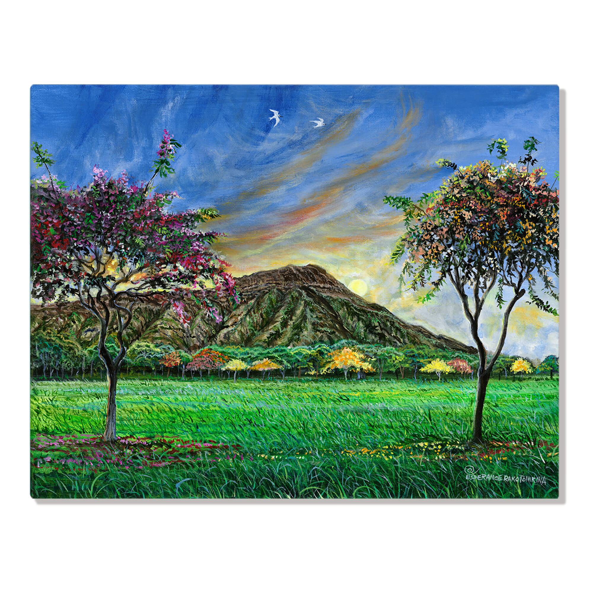  Metal art print showcasing a Scenic landscape featuring a majestic mountain adorned with lush green trees by  hawaii artist Esperance Rakotonirina