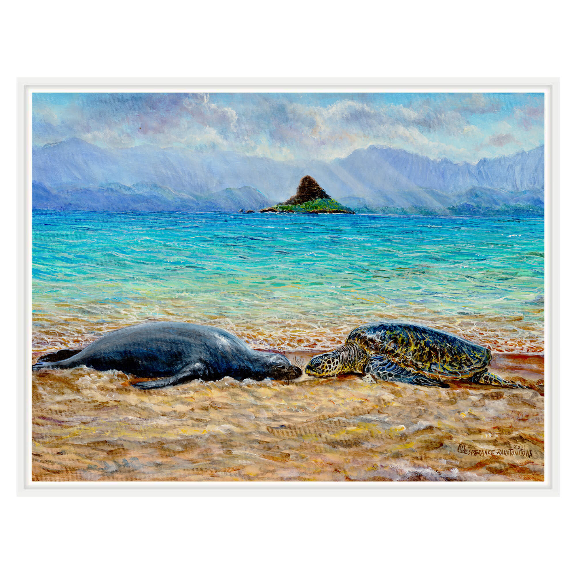 Canvas art print with white frame depicting a turtle resting on the beach by hawaii artist Esperance Rakotonirina