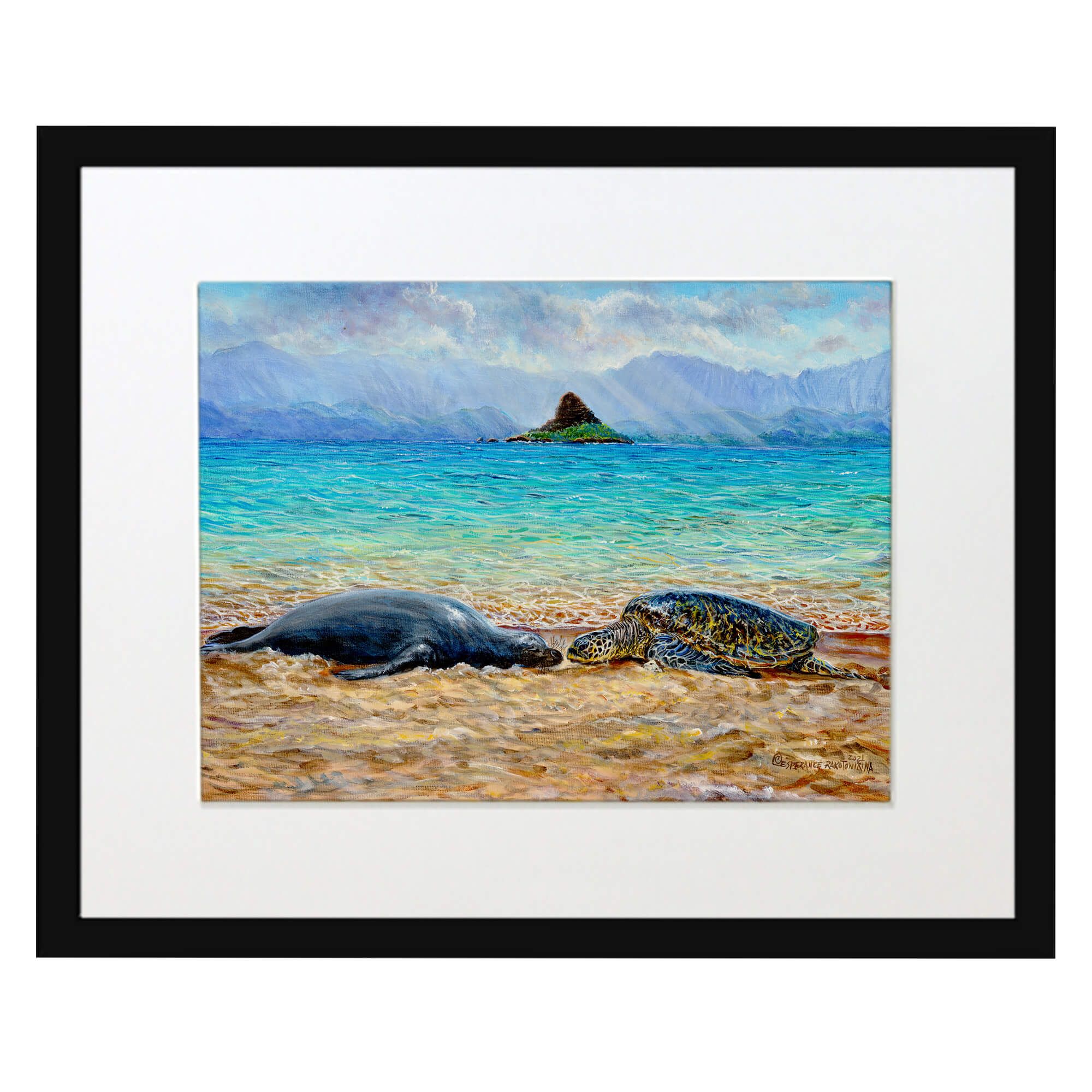 Matted art  print with black frame featuring a seal in an ocean by hawaii artist Esperance Rakotonirina