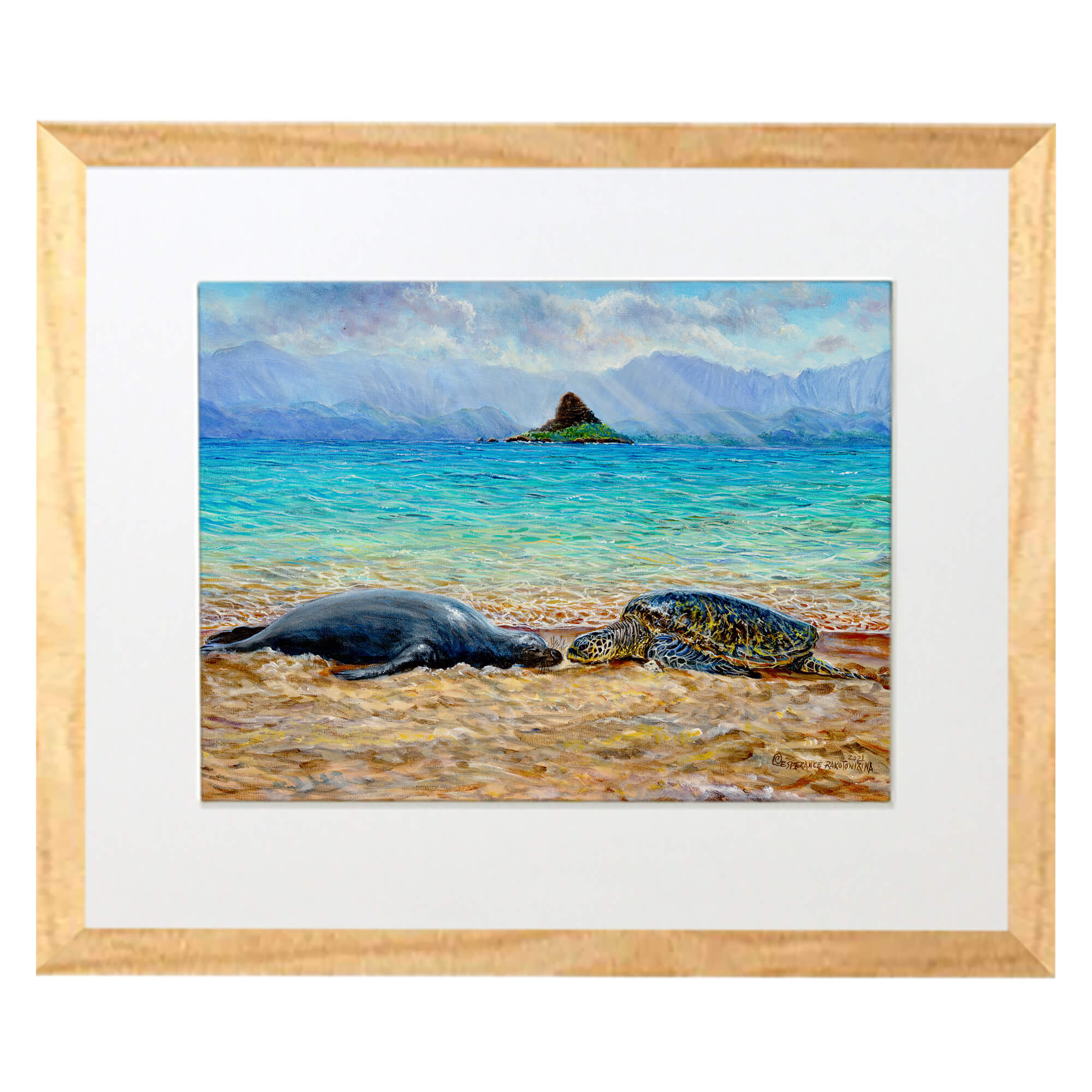 Matted art print with wood frame showcasing majestic mountains in the background by hawaii artist  Esperance Rakotonirina
