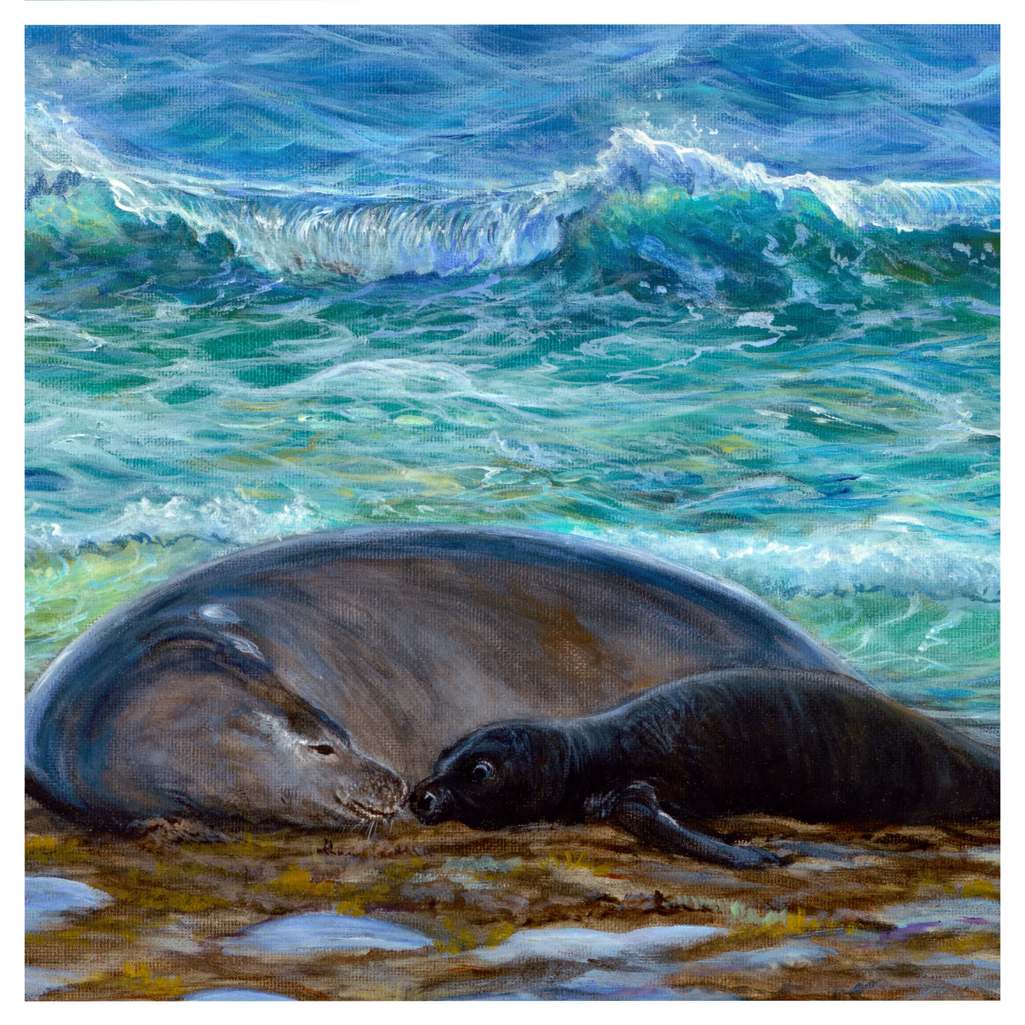 Image of a mother seal and a baby seal resting on the sandy beach by hawaii artist Esperance Rakotonirina