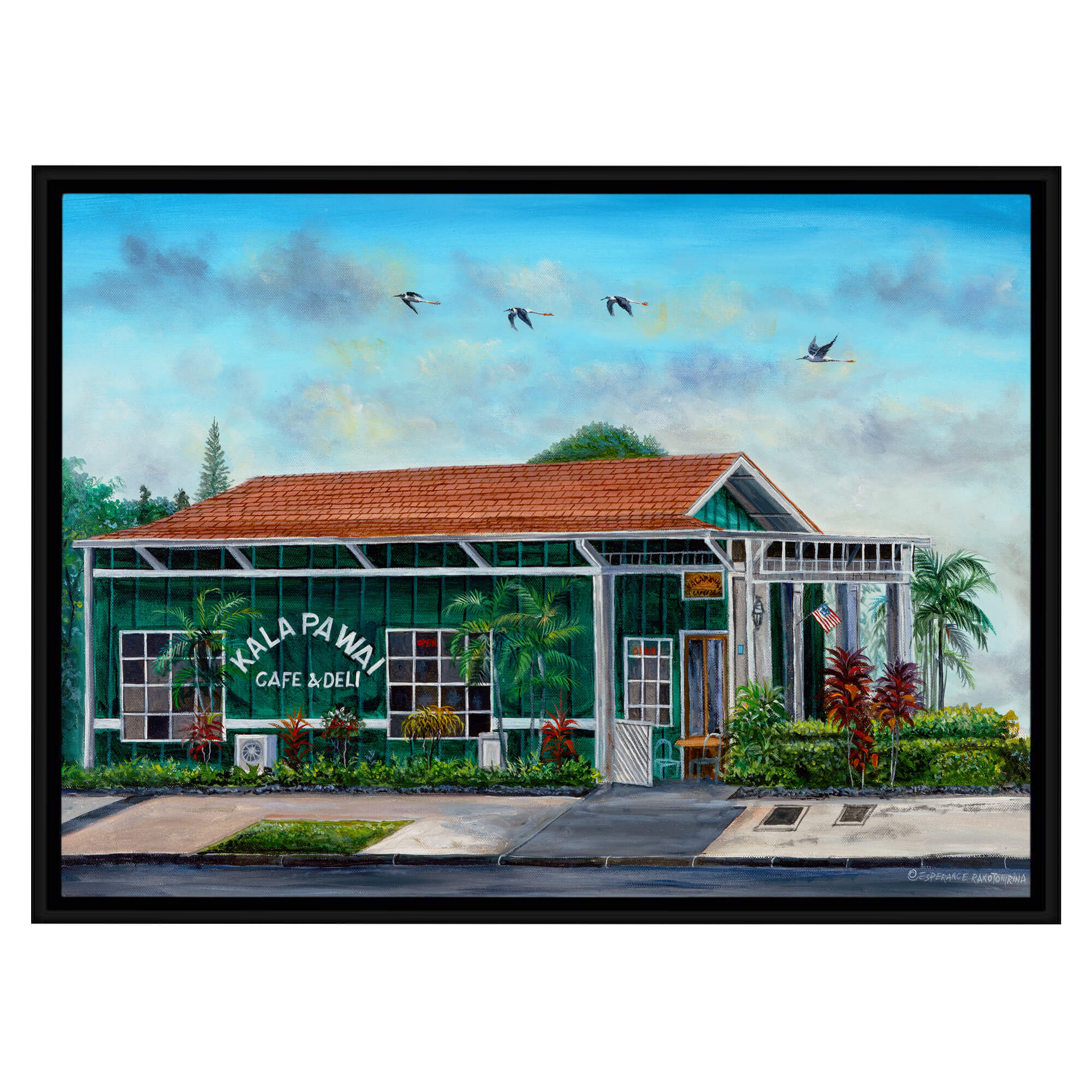 Canvas art print featuring a cafe surrounded by colorful plants by hawaii artist Esperance Rakotonirina