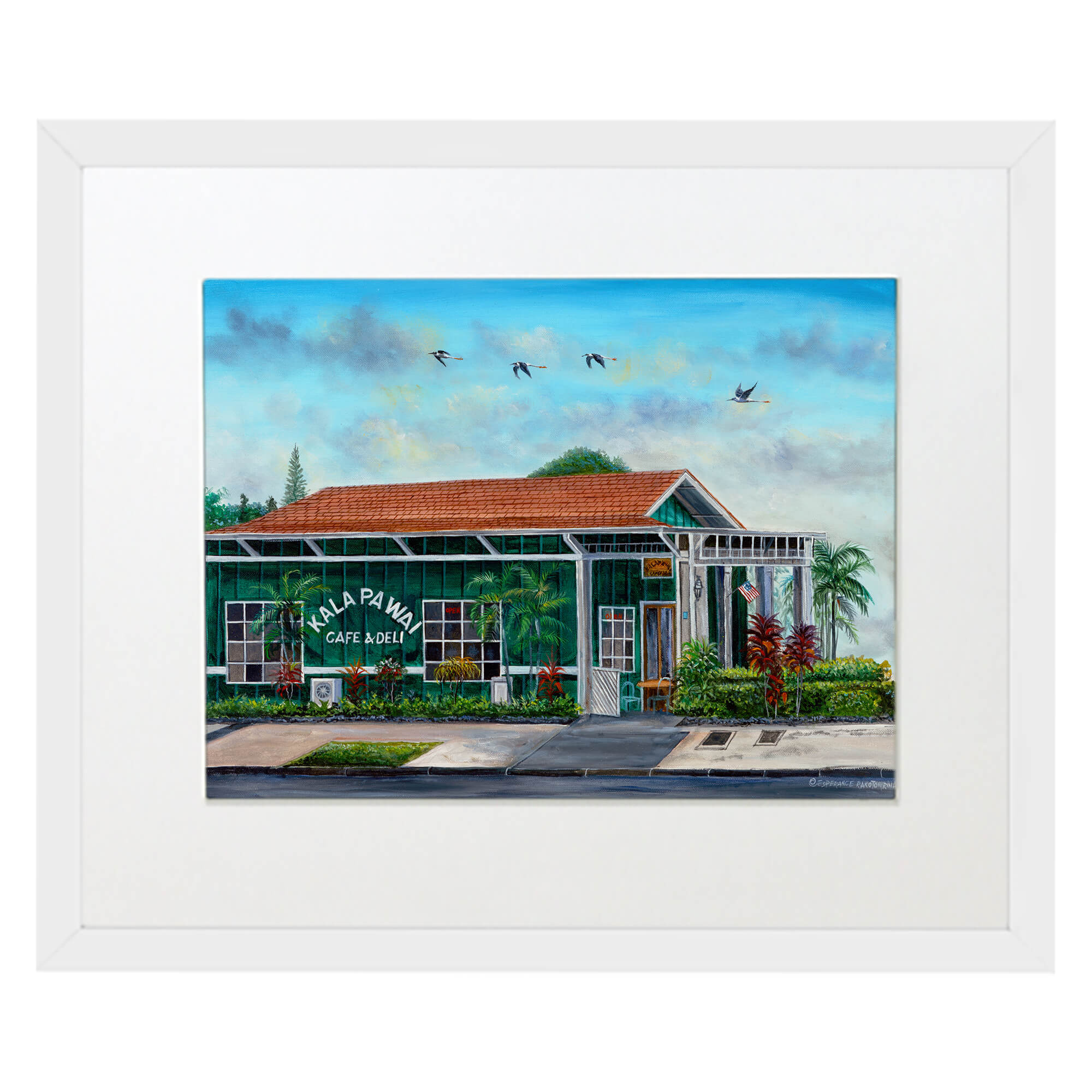Matted art print with white frame featuring a market surrounded by plants by hawaii artist Esperance Rakotonirina