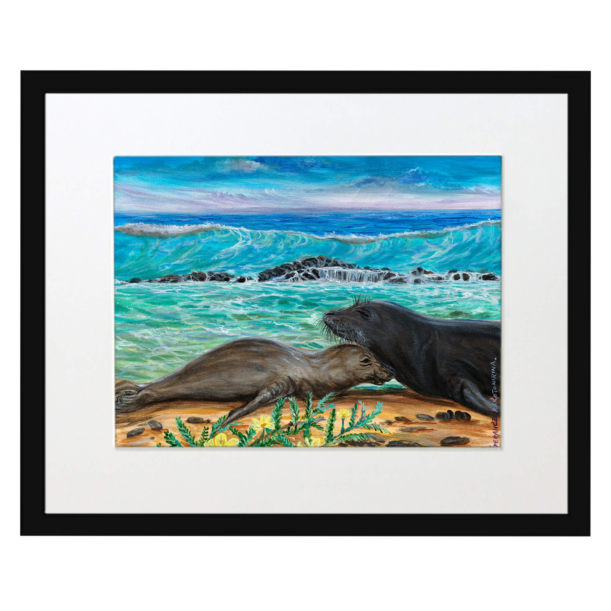 Matted art print with black frame showcasing the blue water by hawaii artist Esperance Rakotonirina
