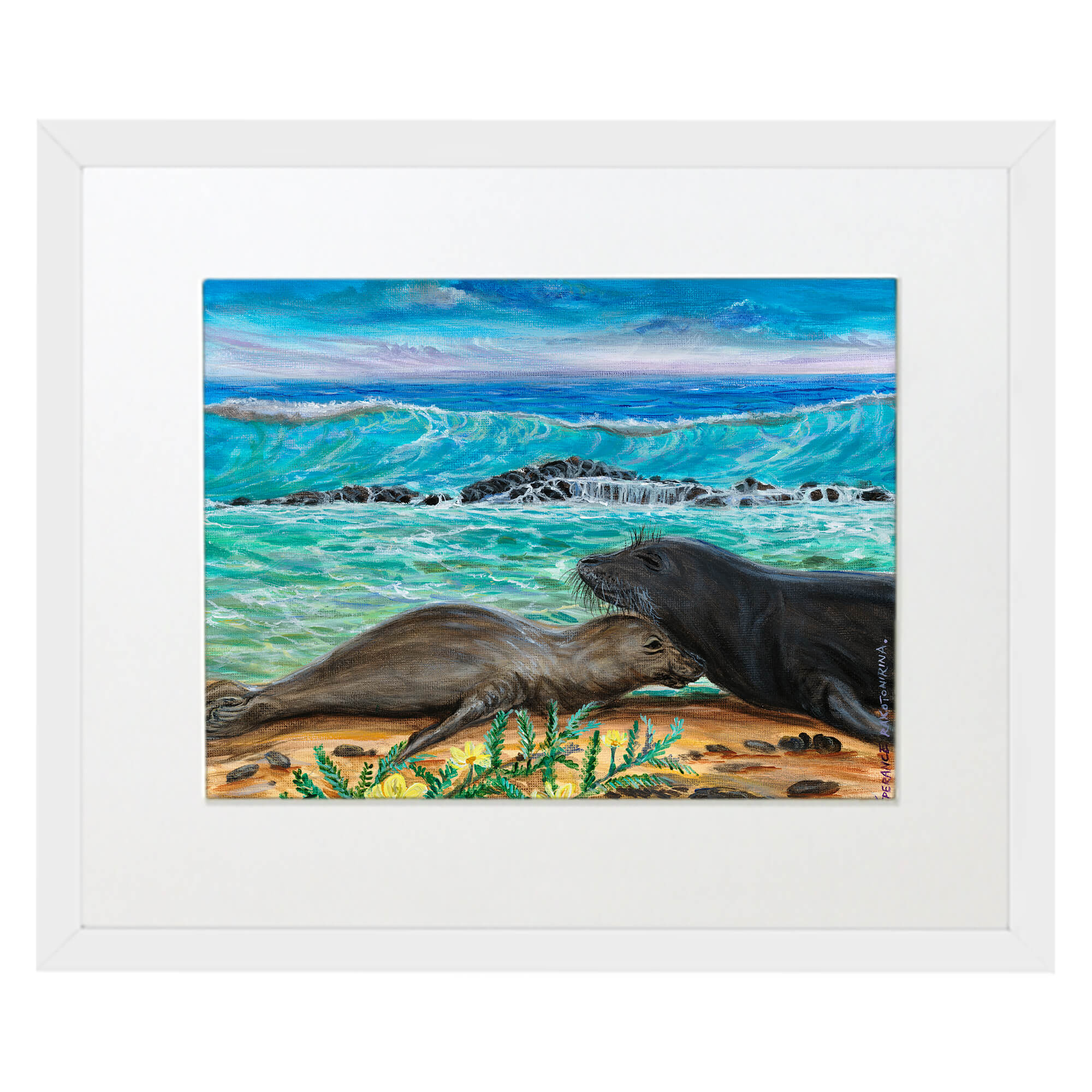 Matted art print with white frame showcasing a mother seal on the shore by hawaii artist Esperance Rakotonirina