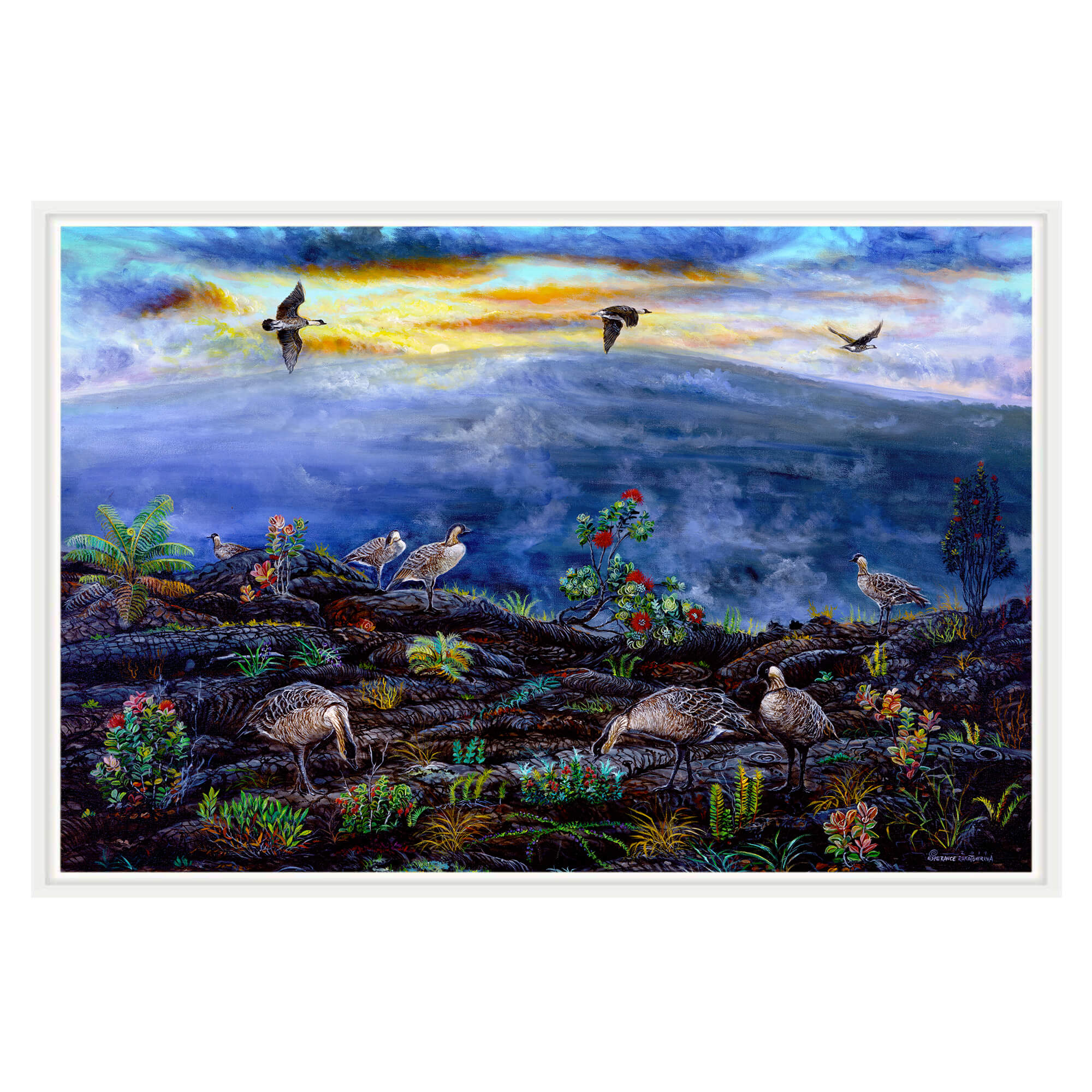 Canvas art print with white frame showcasing the sky with a shade of yellow by hawaii artist Esperance Rakotonirina