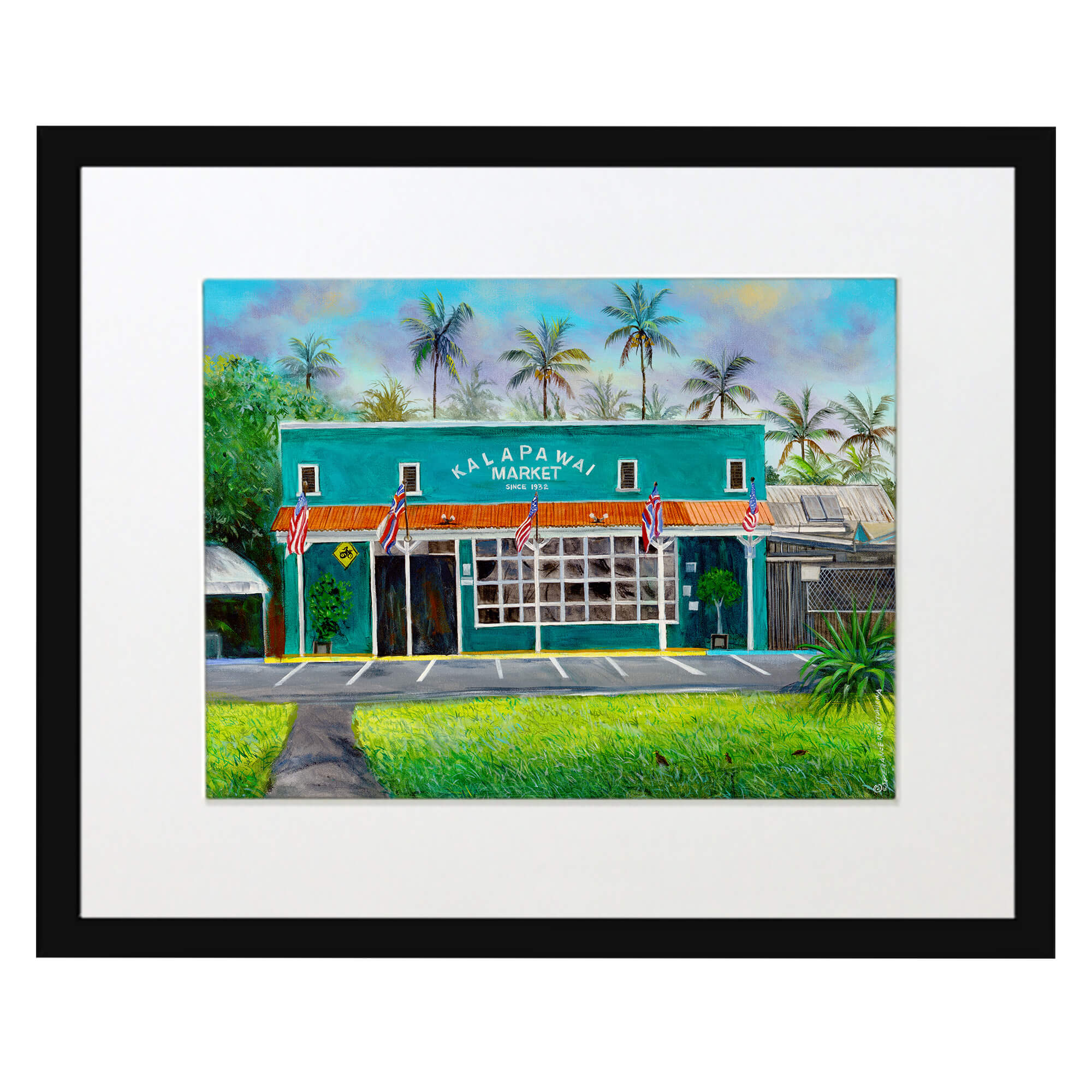 Matted art print with black frame featuring a market surrounded by trees by hawaii artist Esperance Rakotonirina