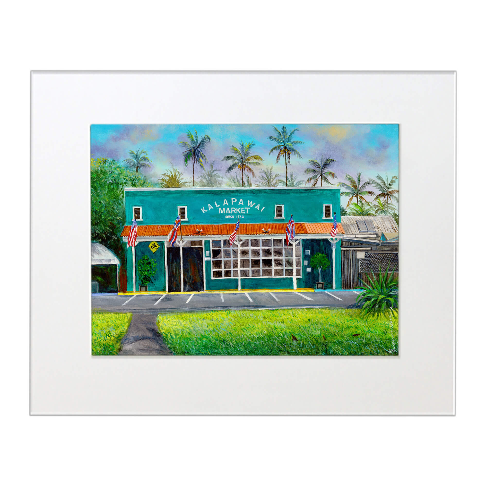 Matted art print illustrating palm trees in the backgriund by hawaii artist Esperance Rakotonirina