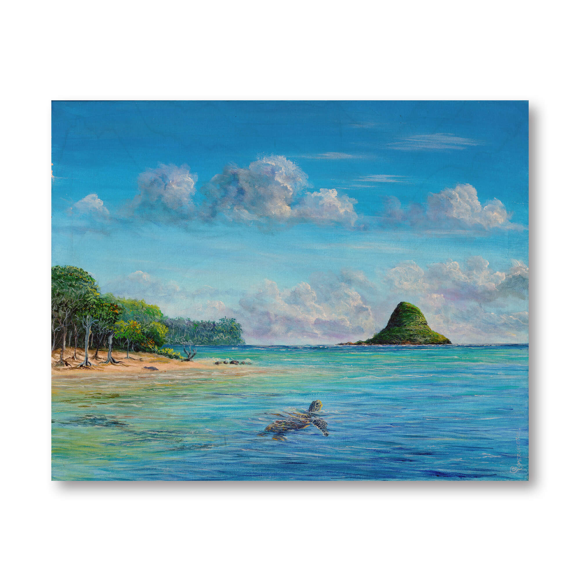 Wood art print featuring the shore surrounded by trees by hawaii artist Esperance Rakotonirina