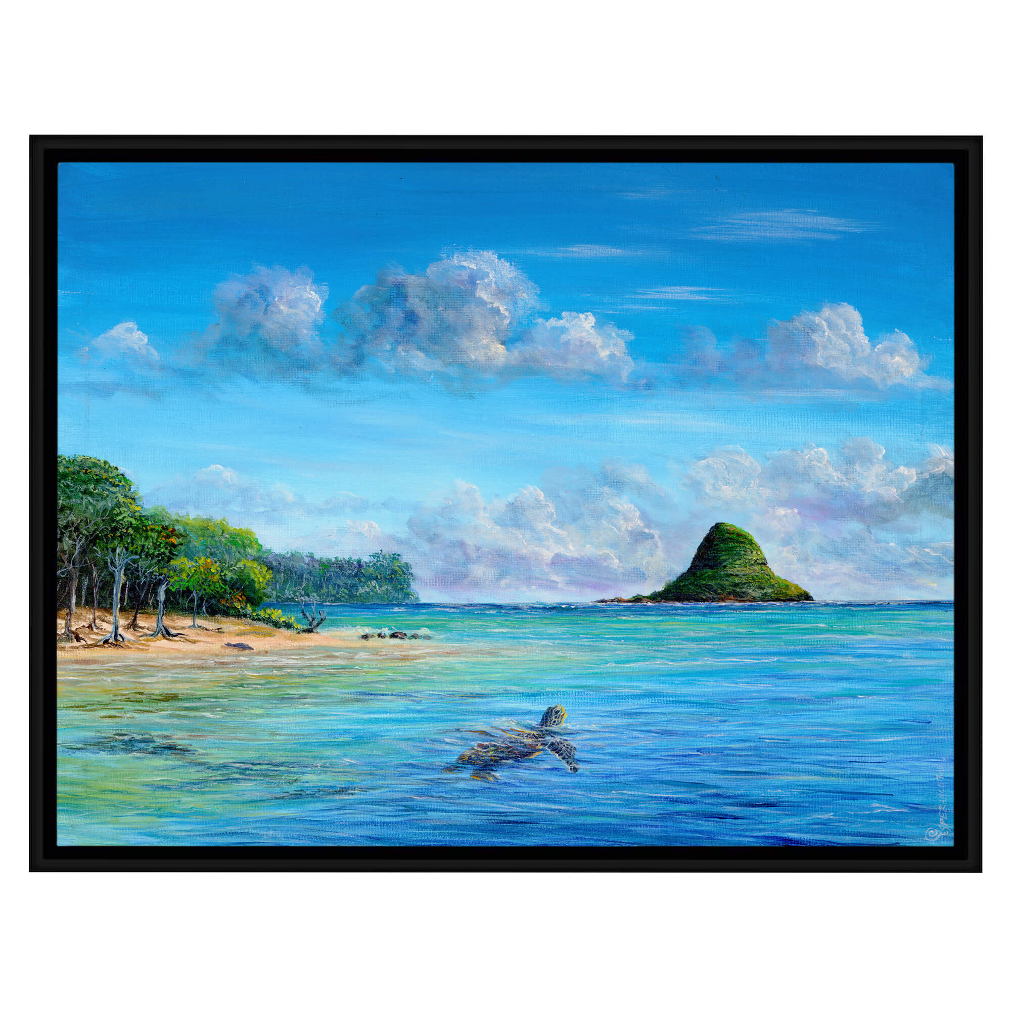 canvas art  print with black frame featuring the blue sea with a turtle underwater by hawaii artist Esperance Rakotonirina