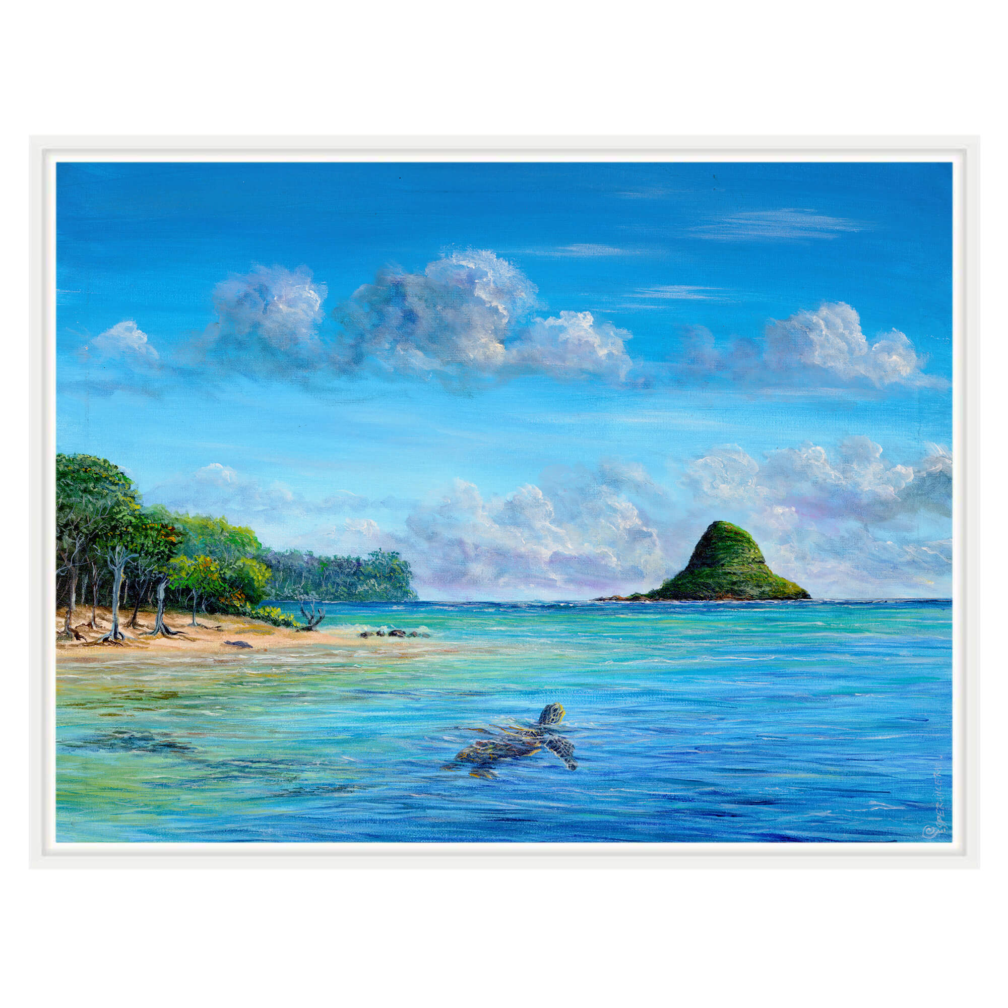 Canvas art print with white frame showcasing the calm waves by hawaii artist Esperance Rakotonirina