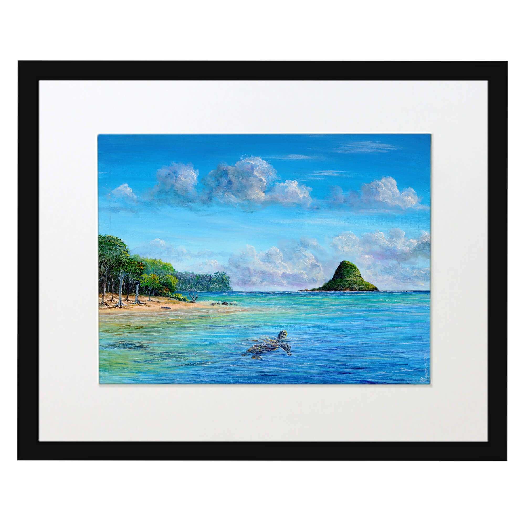 Matted art print with black frame featuring an island in the middle of the sea by hawaii artist Esperance Rakotonirina