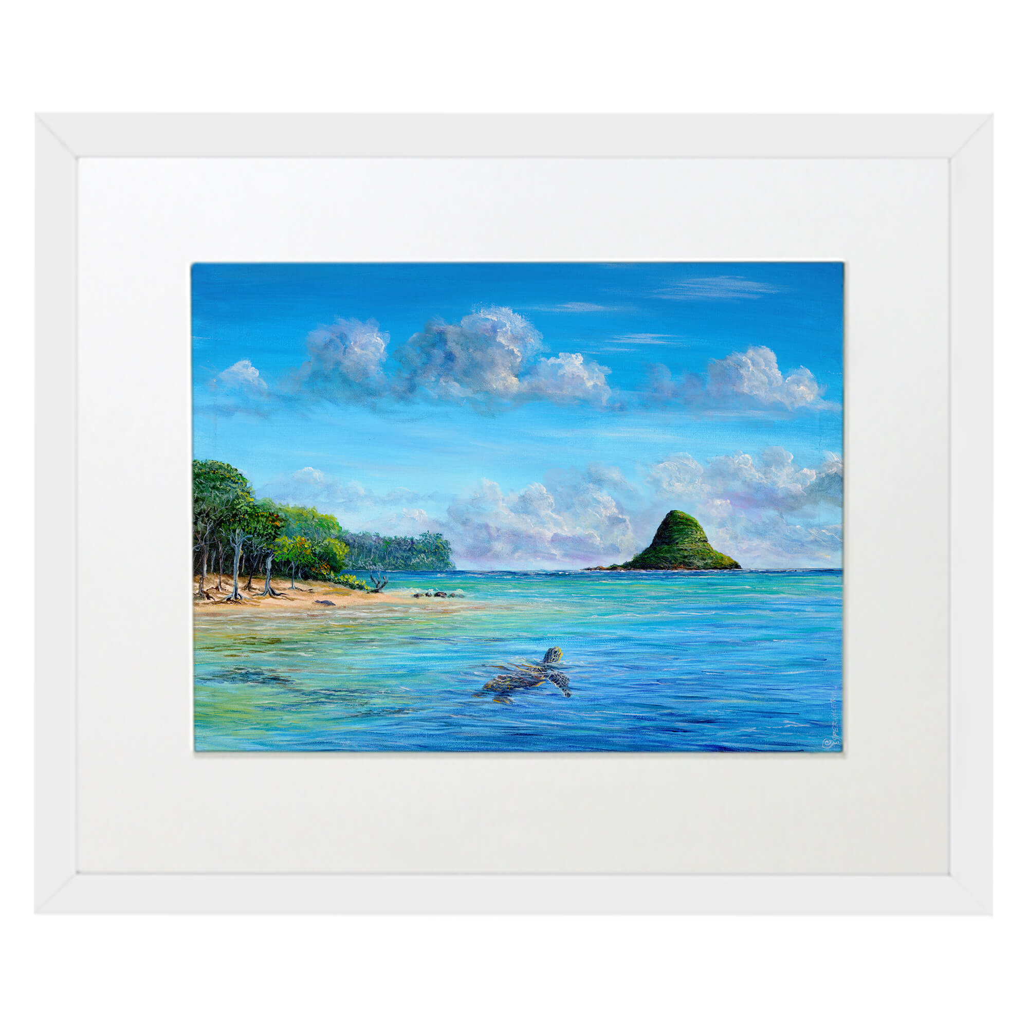 Matted art print with white frame showcasing trees in the shore by hawaii artist Esperance Rakotonirina