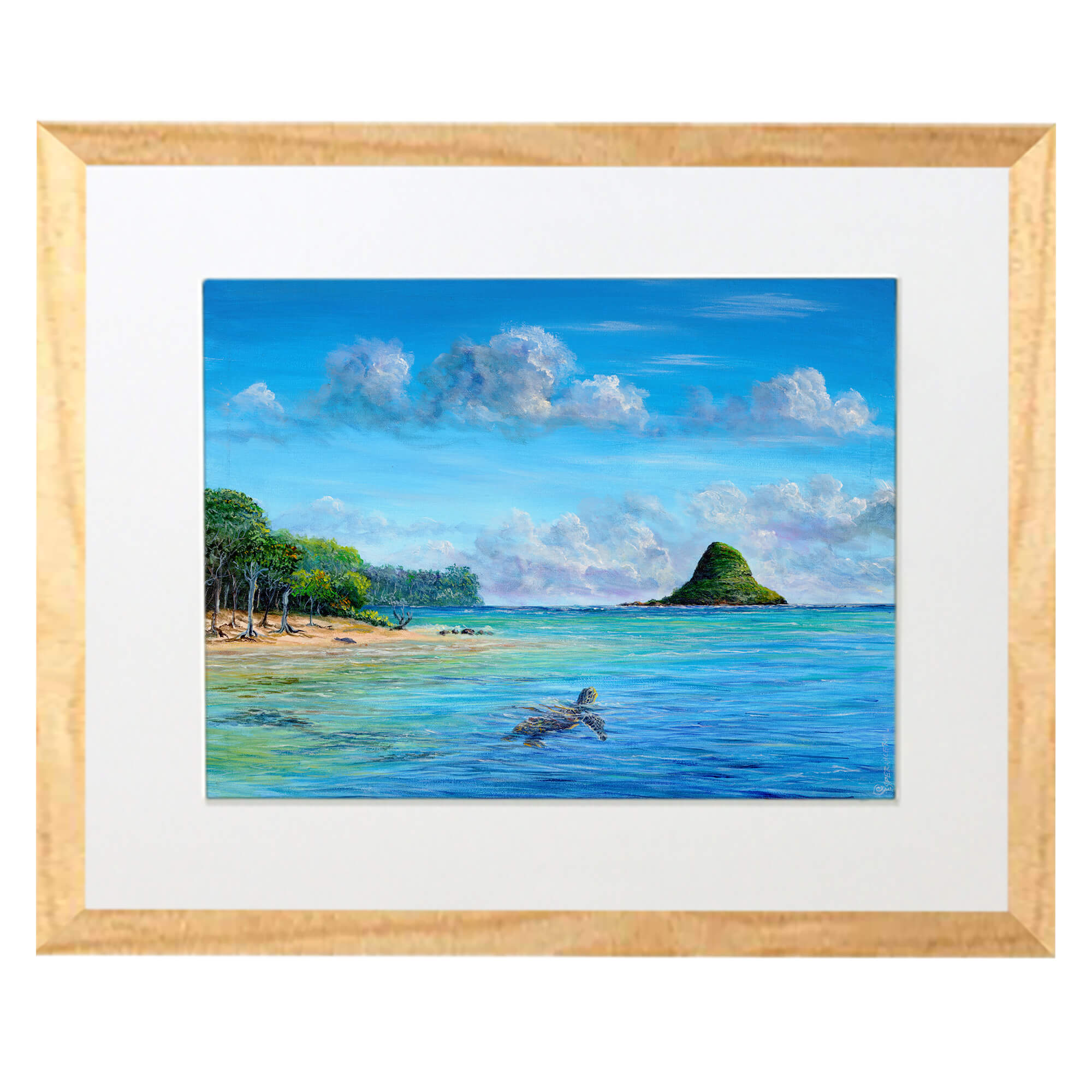 Matted art print with wood frame featuring a turtle underwater by hawaii artist Esperance Rakotonirina