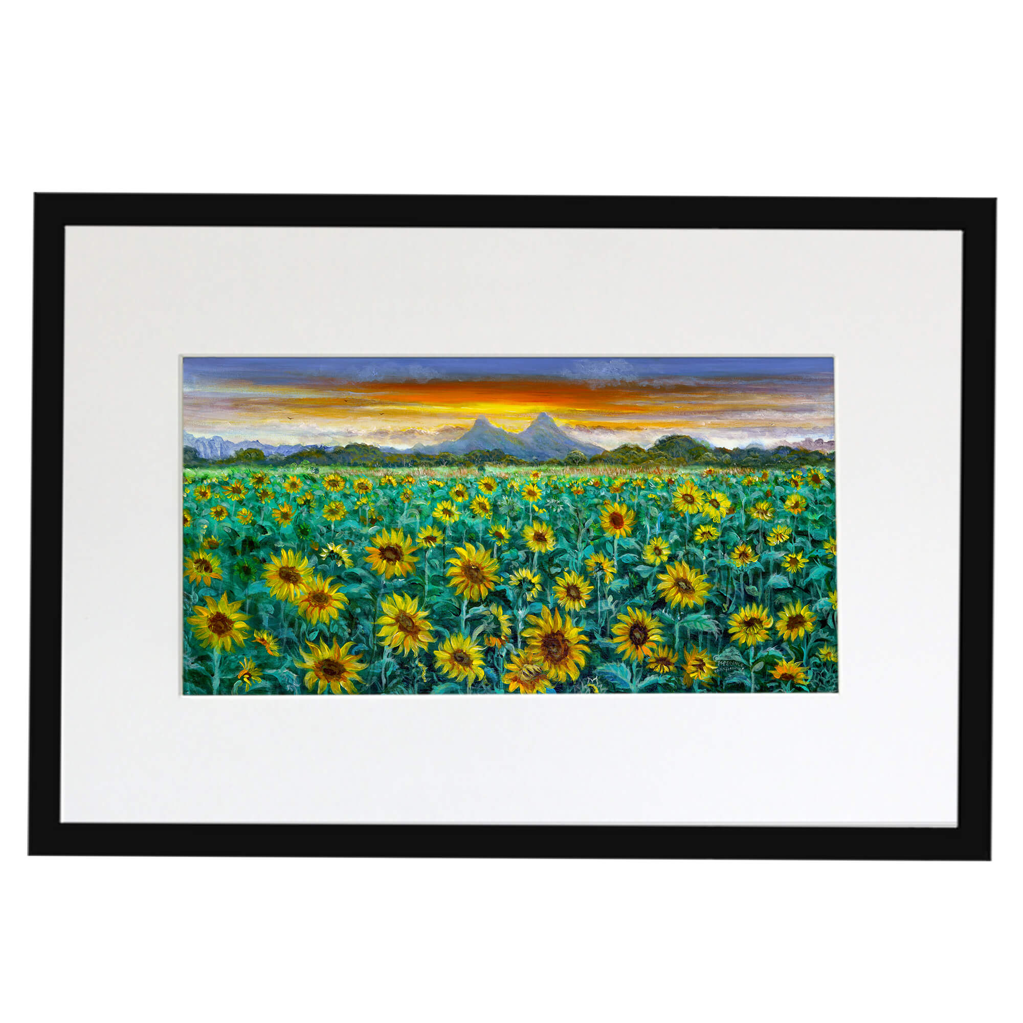 Matted art print with black frame featuring a field  of  yellow sunflowers by hawaii artist Esperance Rakotonirina 