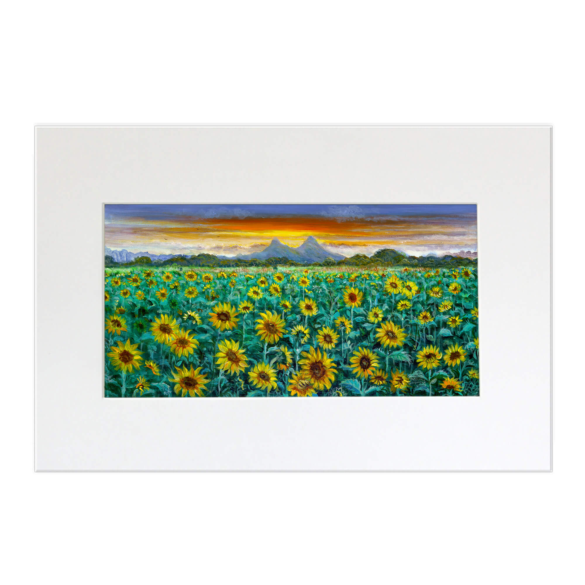 Matted art print featuring a field of sunflowers by hawaii artist Esperance Rakotonirina