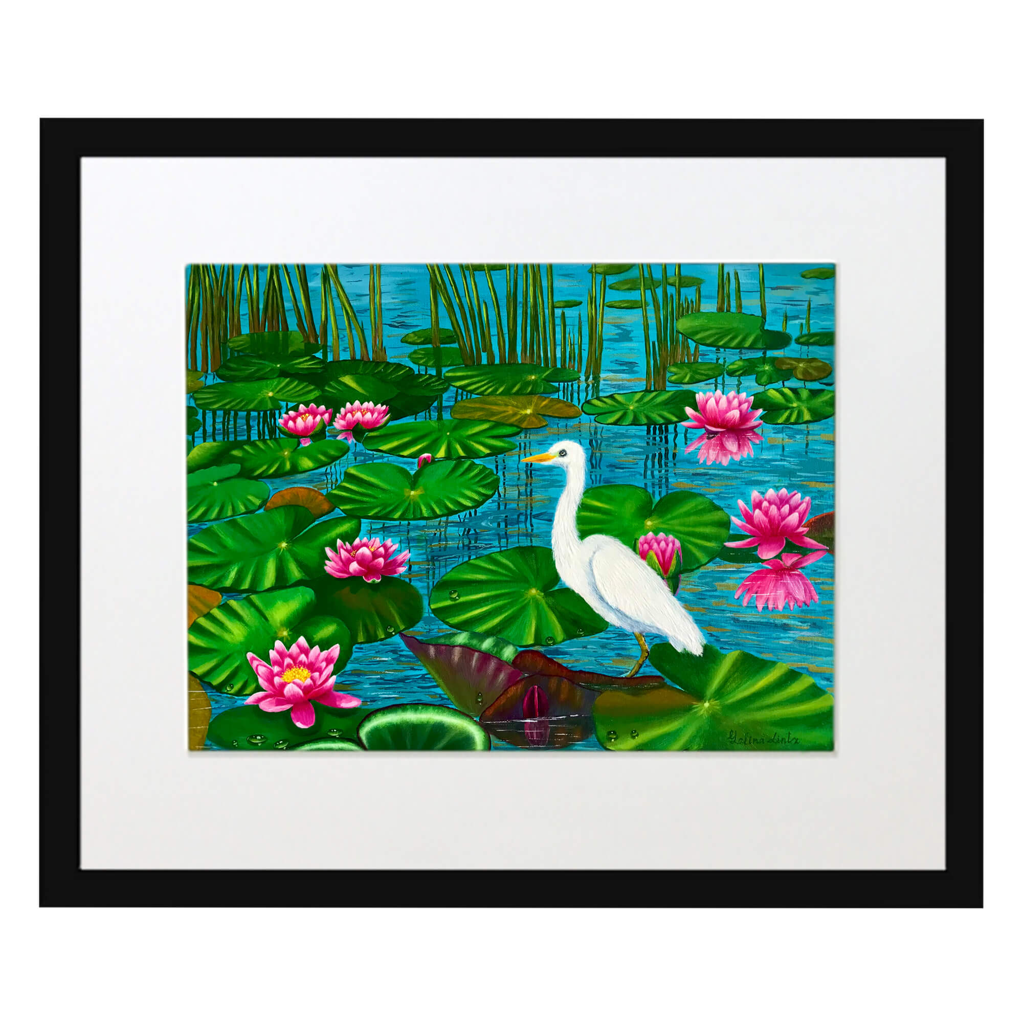 Matted art print with black frame showcasing lily pads by hawaii artist Galina Lintz