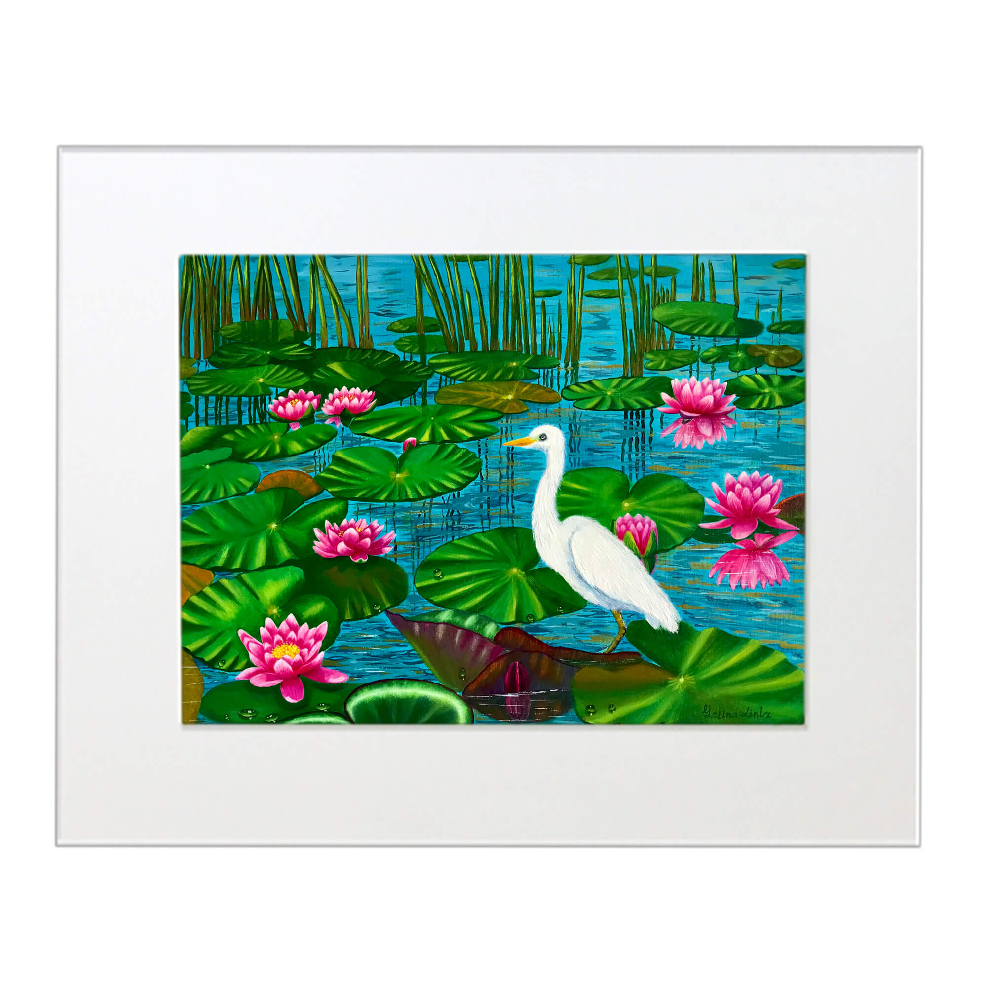 Matted art print featuring water lilies by hawaii artist Galina Lintz
