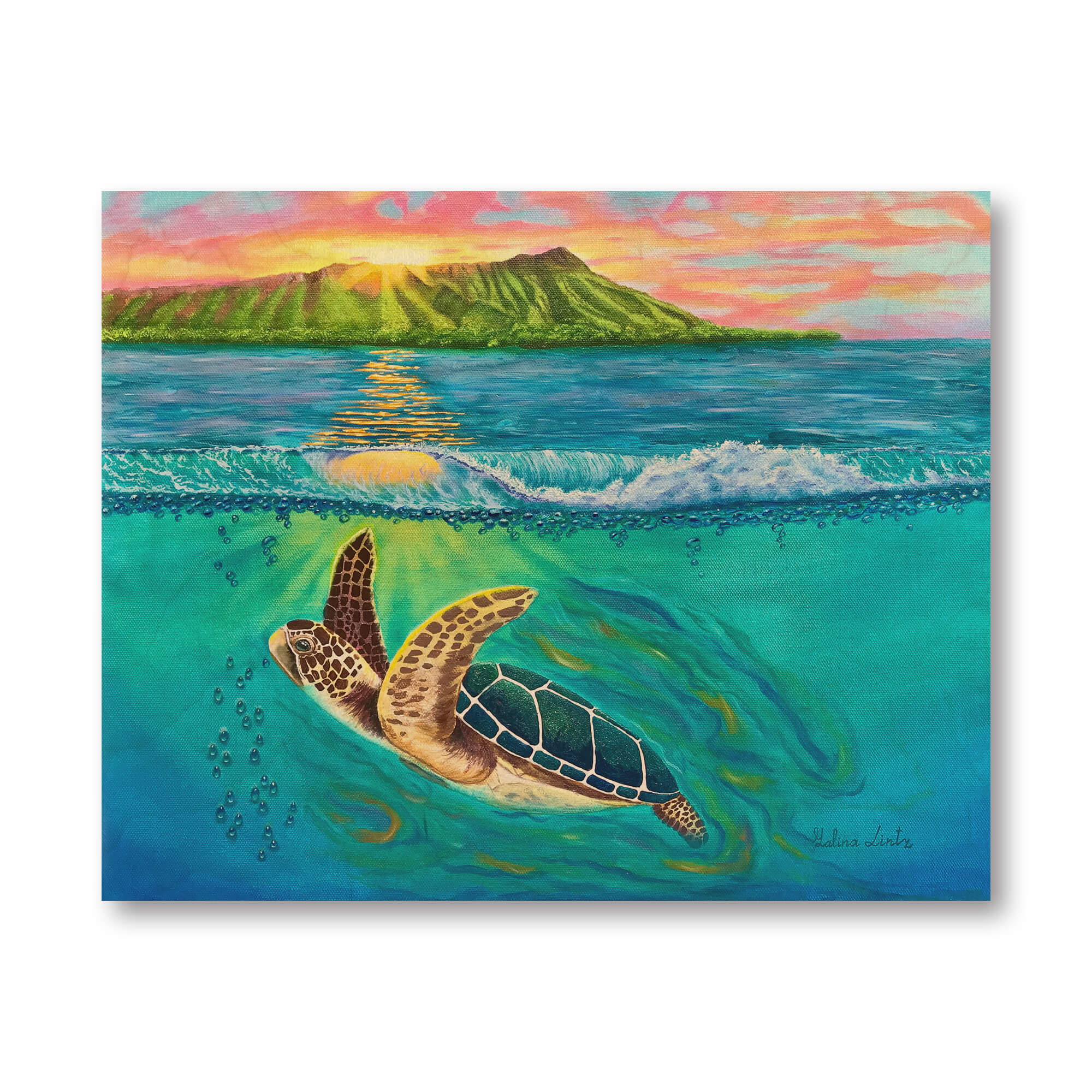 Wood print showcasing a turtle with brown fins by hawaii artist Galina Lintz