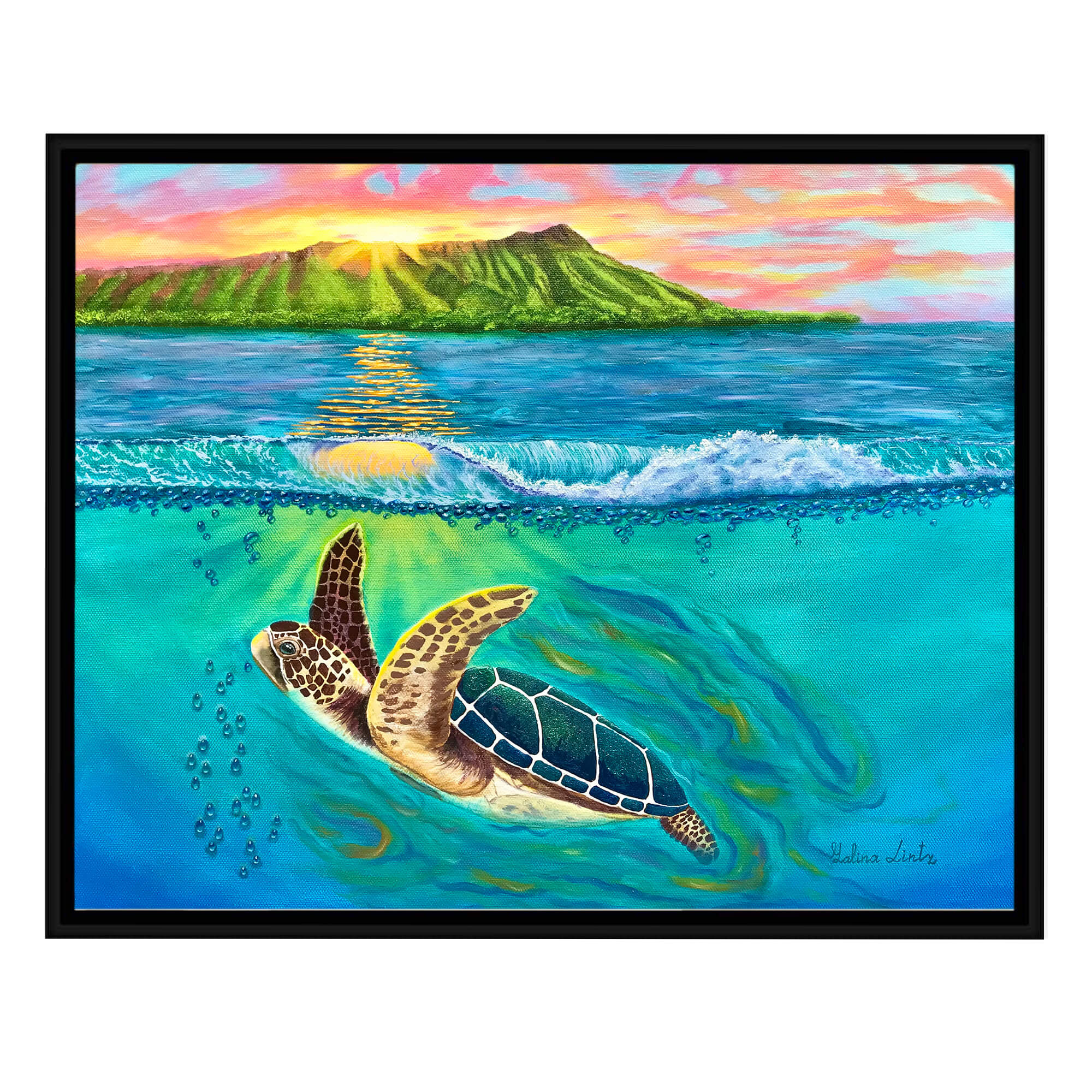 Canvas art print featuring a turtle with a blue shell by hawaii artist Galina Lintz