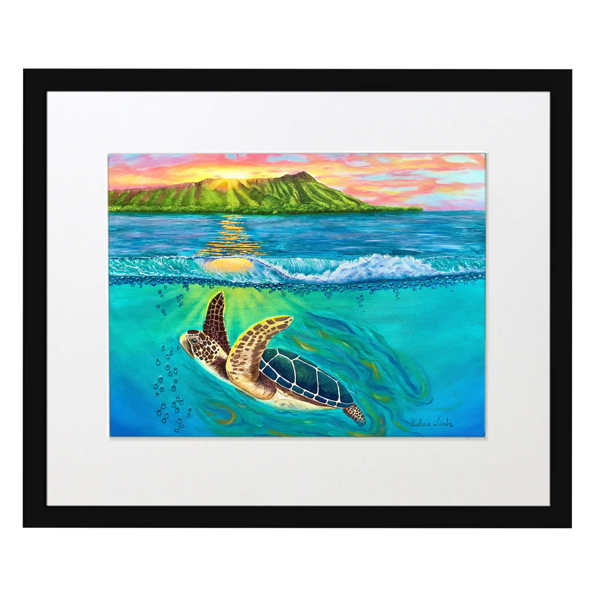 Matted art print with black frame featuring  the blue sea by hawaii artist Galina Lintz