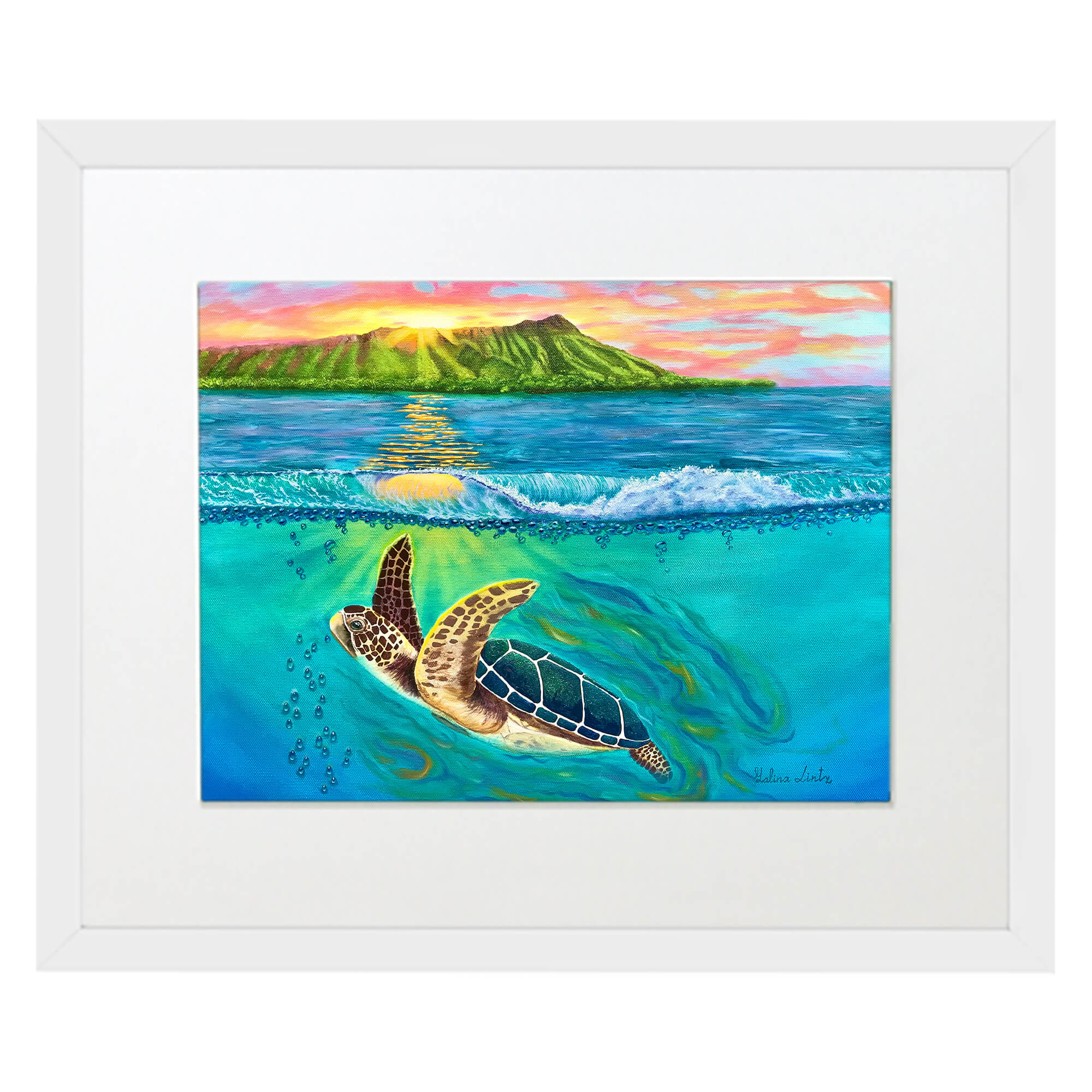 Matted art print with white frame showcasing the sunrise by hawaii artist Galina Lintz